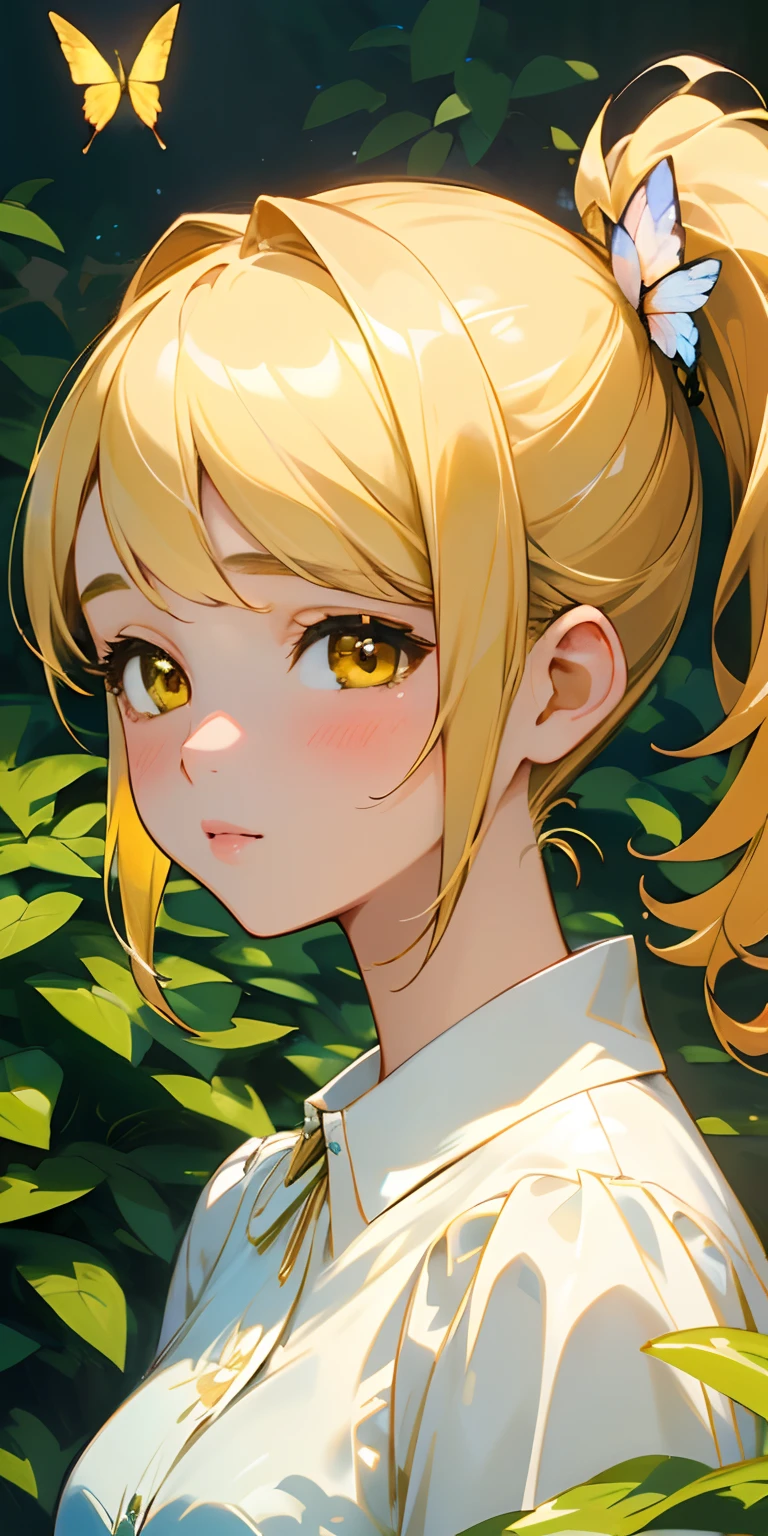 (best quality, masterpiece, ultra-realistic), portrait of 1 beautiful and delicate girl, with a soft and peaceful expression, the background scenery is a garden with flowering bushes and butterflies flying around., yellow hair, yellow eyes, side ponytail