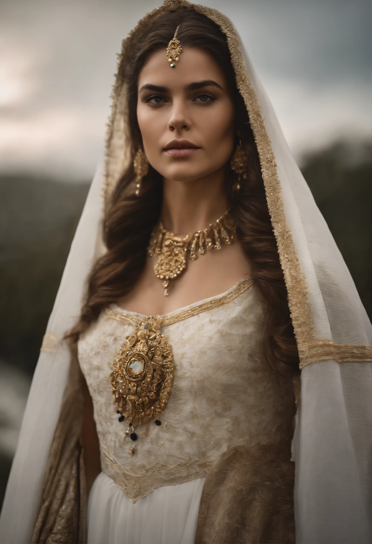 A closeup of a woman wearing a white veil and a gold necklace, majestosa mulher de santo, unreal engine render + uma deusa, Virgem Maria, Karol Bak de Emma Watson Freira, cinematic goddess close shot, Mulher judia bonita, retrato muito bonito, deusa bonita, Um retrato impressionante de uma deusa, donzela bonita, uma mulher bonita no branco, retrato close-up da deusa