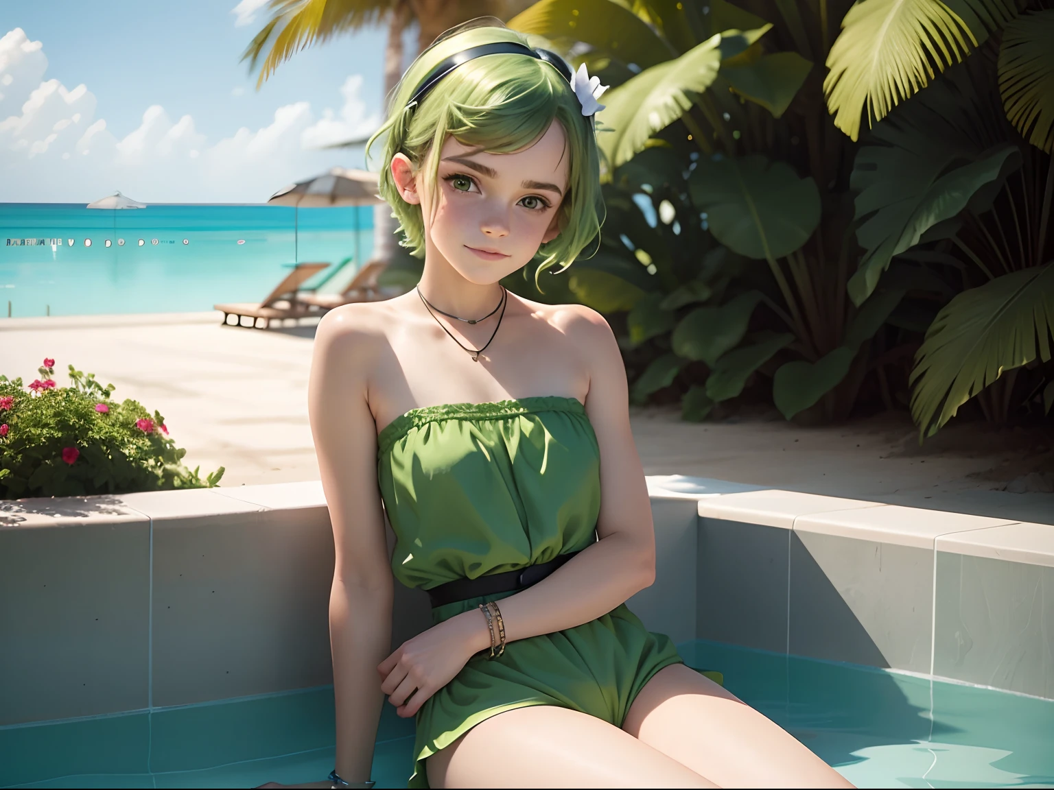 ten Emma Watson wearing a strapless green playsuit sunbathing at the pool, small bust, small chest, cute smile, green hair accessories, green collar, green bracelet. green hair.