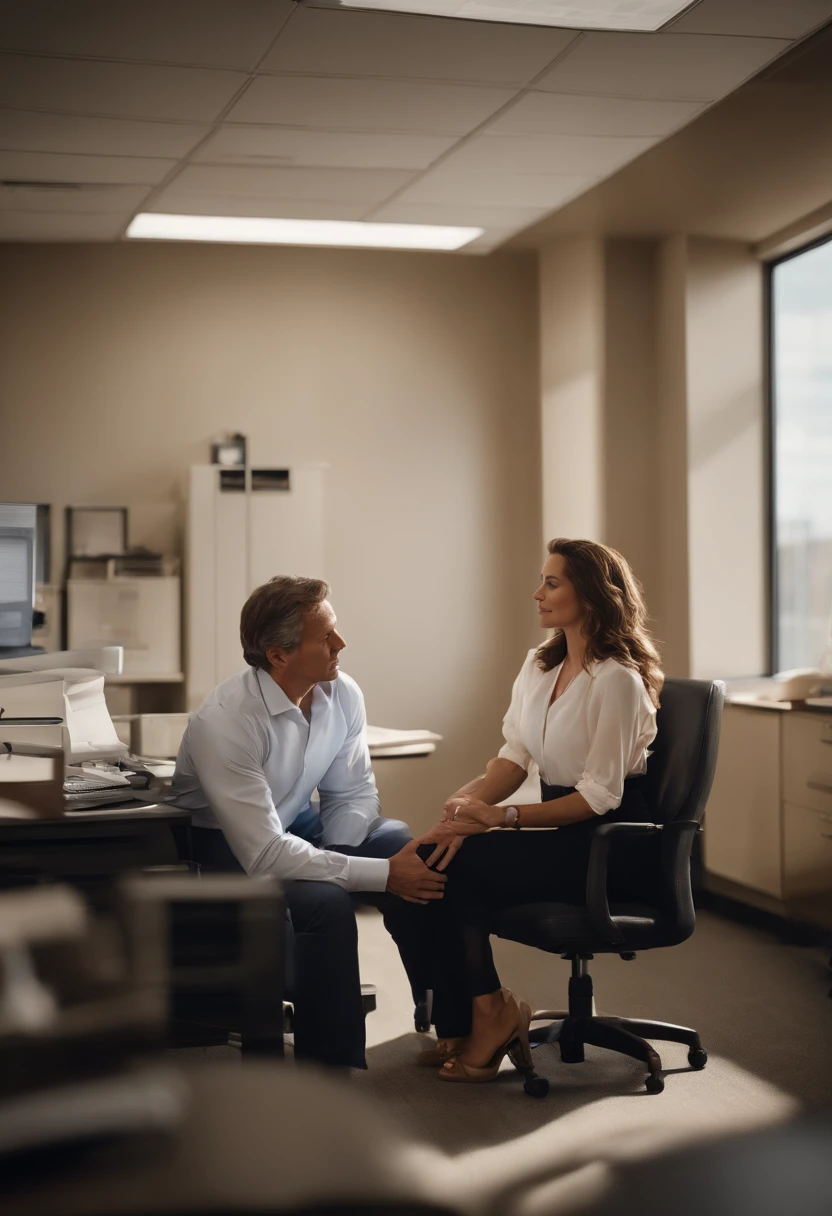 a man and a woman of 20 years if kissed in the office of the president of the company the home has brown eyes and wavy brown hair he is wearing a white shirt, a black pants a shoe of the same color as the pants the woman has wavy light brown hair she is wearing a light blue dress and a sandal of the ultra detailed beige color --auto --s2