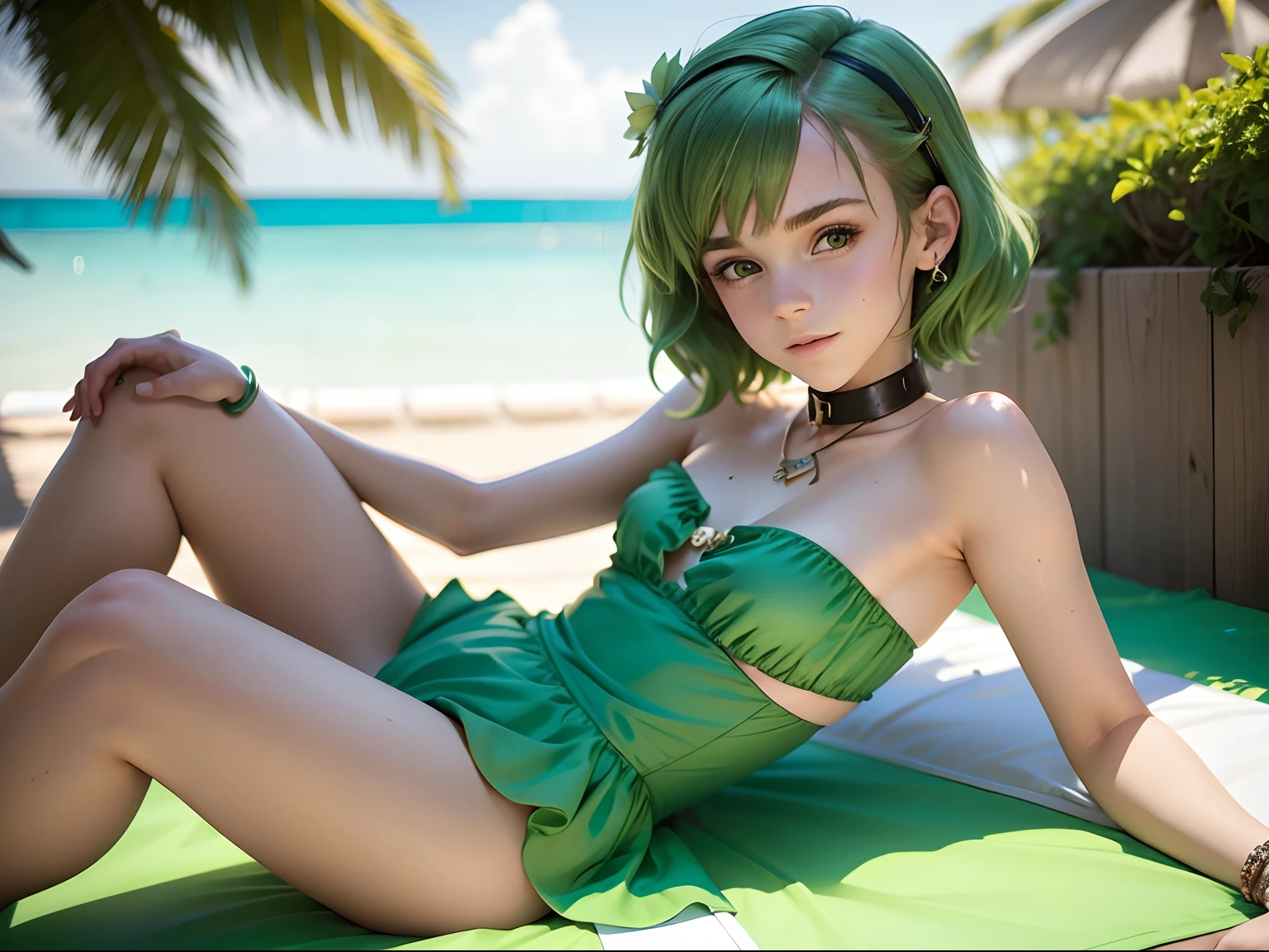 ten Emma Watson wearing a strapless green playsuit sunbathing at the pool, small bust, small chest, cute smile, green hair accessories, green collar, green bracelet. green hair.
