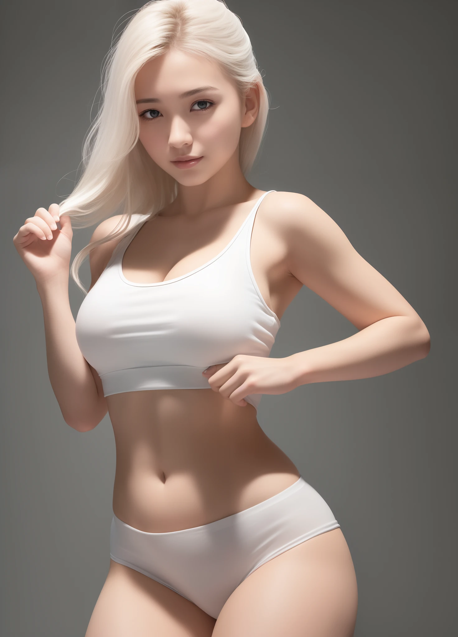 (masterpiece:1.3), (8K, hight resolution, a picture, Top image quality: 1.4), (1girl in), Incredibly realistic and beautiful girls, Fluffy golden hairstyle, attractive beautiful face, (A smile: 1.), 17Straight punch, Whole body, bare-legged, With bare hands, (White tank top, White shorts, :1.4), Attractive body with soft curvaceous beauty, Strong stance, Aggressive look, Dynamic angle shooting, perfect anatomia, TOKYOcty