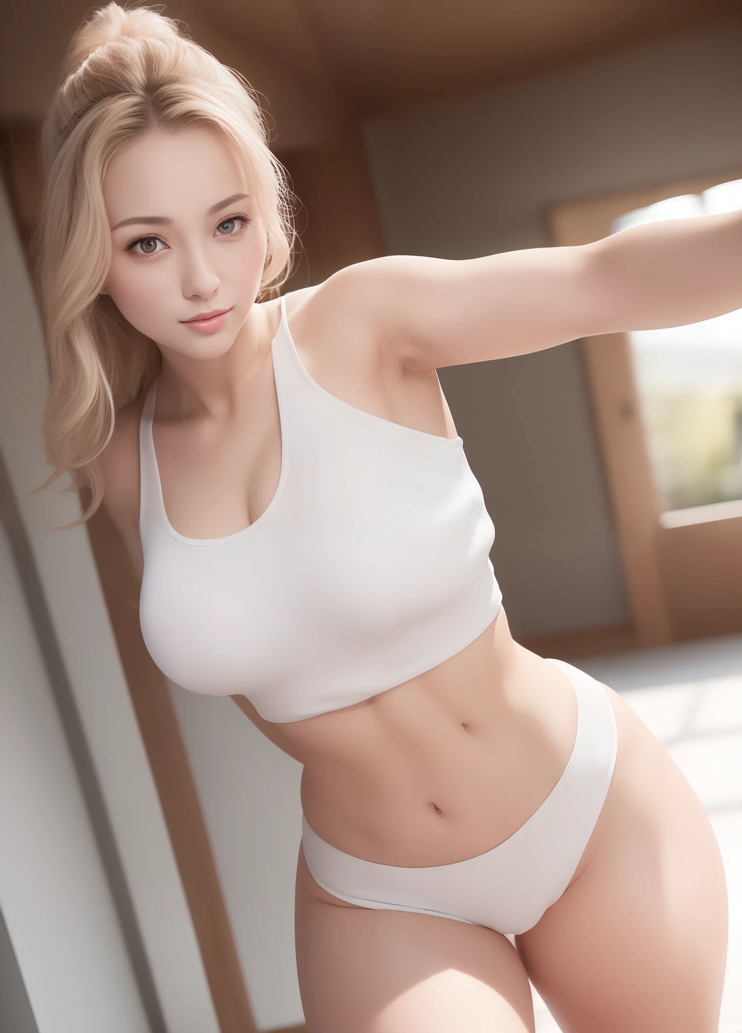 (​masterpiece:1.3), (8K, hight resolution, a picture, Top image quality: 1.4), (1girl in), Incredibly realistic and beautiful girls, Fluffy golden hairstyle, attractive beautiful face, (A smile: 1.), 17Straight punch, Whole body, bare-legged, With bare hands, (White tank top, White shorts, :1.4), Attractive body with soft curvaceous beauty, Strong stance, Aggressive look, Dynamic angle shooting, perfect anatomia, TOKYOcty