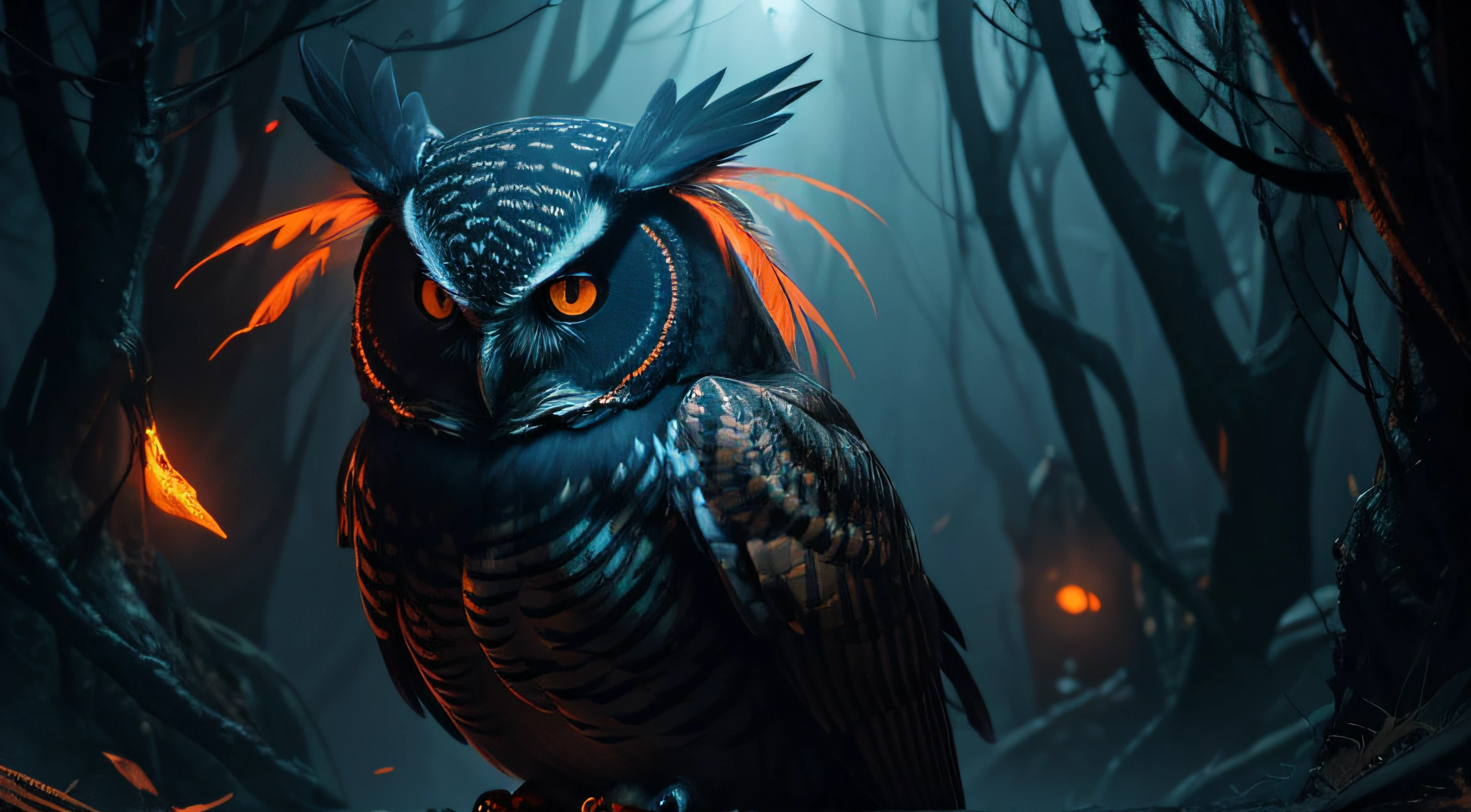 (best quality, highres, vivid colors:1.2), realistic lighting, dark fantasy style, glowing orange eyes, shadowed figure, detailed feathers, mysterious atmosphere, hidden owl, surreal elements