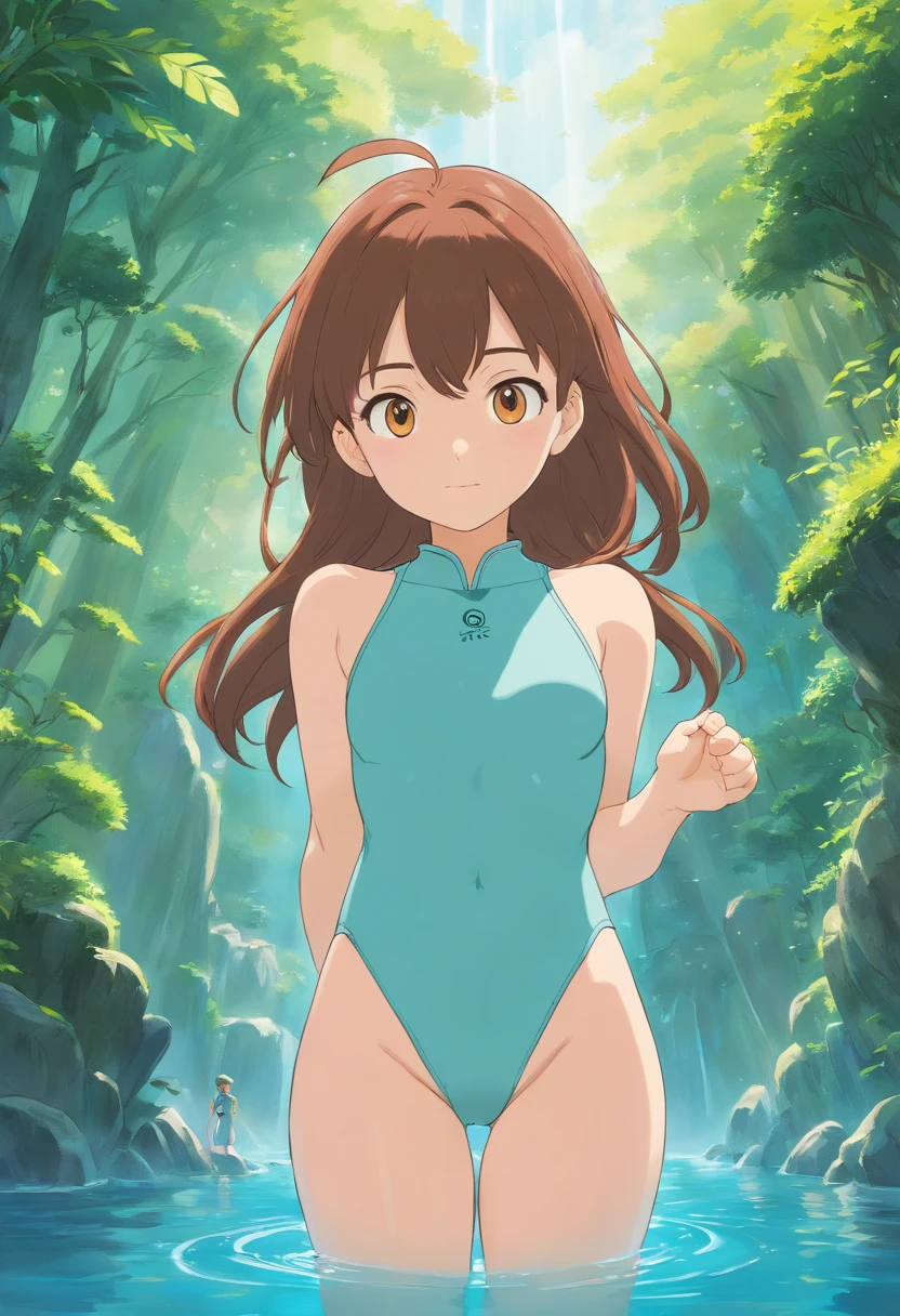 shortening, Depth of field, Meisterwerk, best quality, 1girls, Braunes Haar, braune Augen, Lange Haare, Unterwasser, Luftblase, nur, Blick auf den Betrachter, school swimsuit, Schwimmen, gesprenkeltes Sonnenlicht,
