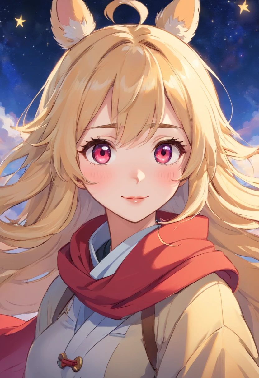 1girls, ahoge, Pony, blondes Haar, blasender Kuss, blaue Augen, blauer Schal, brauner Schal, Spaltung, geschlossener Mund, Wimpern, Gesicht, flowy hair, Haare zwischen den Augen, Herz, Lippen, Lippenstift, Lange Haare, Blick auf den Betrachter, Schminke, Nachthimmel, Nase, ein Auge geschlossen, orangefarbener Schal, rosa Lippen, Rosa Schal, portrait, lila Augen, realistisch, Rote Lippen, roter Schal, Schal, Unterschrift, smil, nur, Raum, gesprochenes Herz, Stern (Himmel), Sternenhimmel, upper body, Wasserzeichen, Yang Xiao Long, gelber Schal
