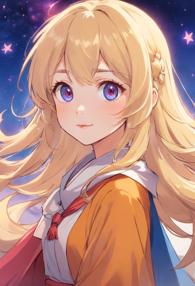 1girls, ahoge, Pony, blondes Haar, blasender Kuss, blaue Augen, blauer Schal, brauner Schal, Spaltung, geschlossener Mund, Wimpern, Gesicht, flowy hair, Haare zwischen den Augen, Herz, Lippen, Lippenstift, Lange Haare, Blick auf den Betrachter, Schminke, Nachthimmel, Nase, ein Auge geschlossen, orangefarbener Schal, rosa Lippen, Rosa Schal, portrait, lila Augen, realistisch, Rote Lippen, roter Schal, Schal, Unterschrift, smil, nur, Raum, gesprochenes Herz, Stern (Himmel), Sternenhimmel, upper body, Wasserzeichen, Yang Xiao Long, gelber Schal