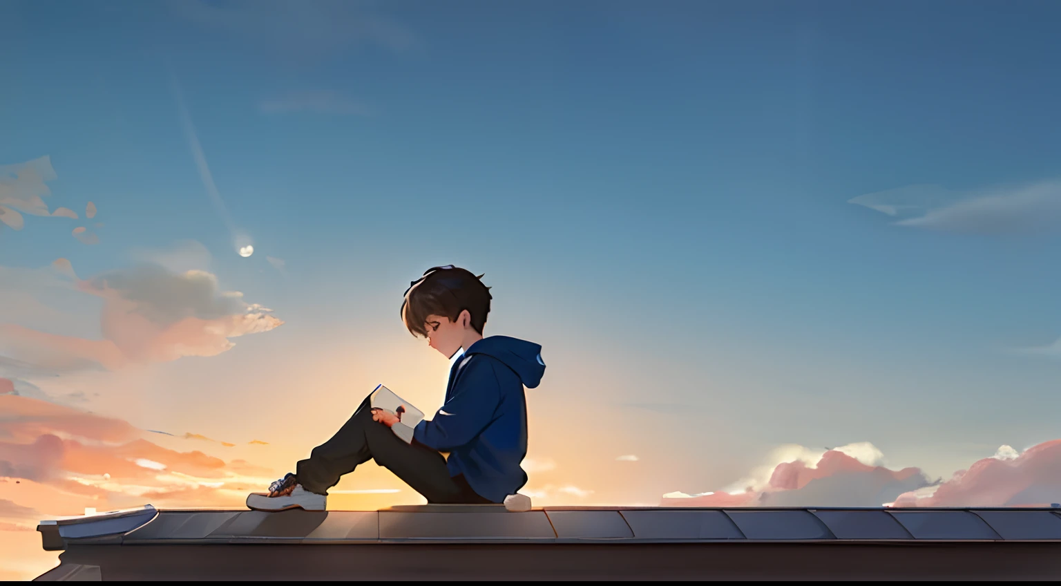 Handsome devil boy in sweatshirt(Cartoon feel)Sit on the roof,looking at the distance(themoon)(Clouds, Blue sky, Sunset)Grief and thinking about life(grieves)Depressed(There is a sense of picture)Good effect,Nice background and beautiful scenery,Pictures have colors(The boy is the main thing,Put big and small boys)