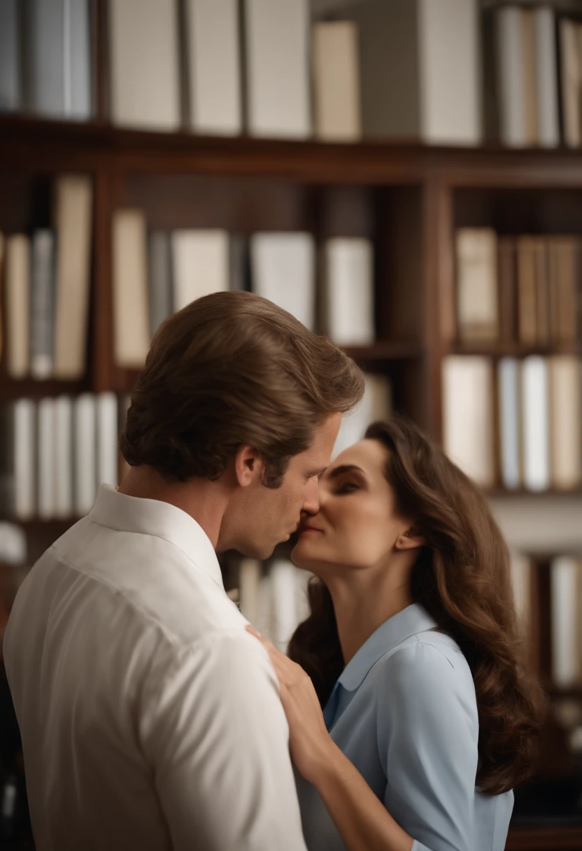 a man and a woman of 20 years if kissed in the office of the president of the company the home has brown eyes and wavy brown hair he is wearing a white shirt, a black pants a shoe of the same color as the pants the woman has wavy light brown hair she is wearing a light blue dress and a sandal of the ultra detailed beige color --auto --s2