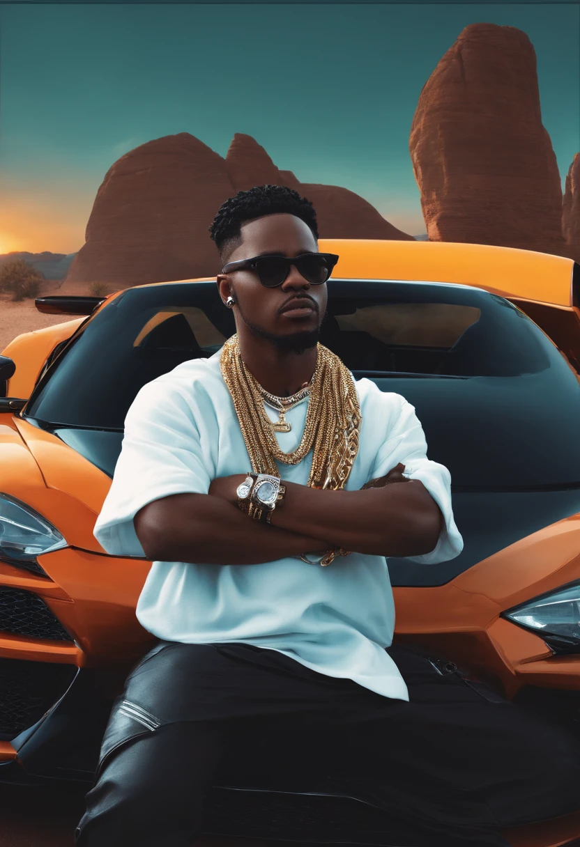 A rapper with a gun with black glasses and a diamond sling sits in front of an RX8.