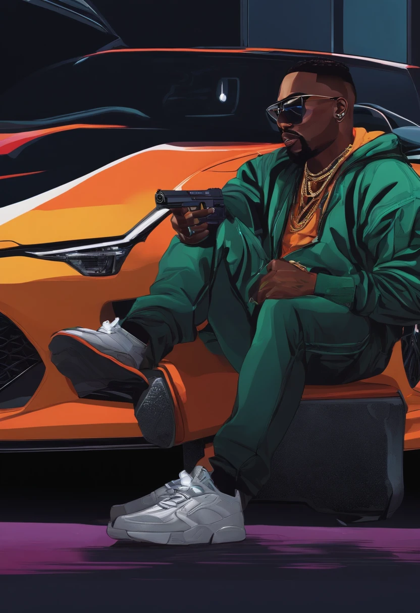 A rapper with a gun with black glasses and a diamond sling sits in front of an RX8.