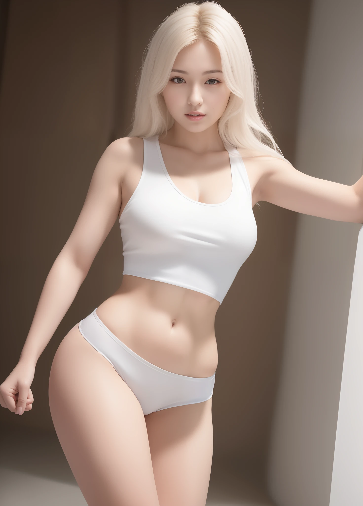 (masterpiece:1.3), (8K, hight resolution, a picture, Top image quality: 1.4), (1girl in), Incredibly realistic and beautiful girls, Fluffy golden hairstyle, attractive beautiful face, (A smile: 1.), 17Straight punch, Whole body, bare-legged, With bare hands, (White tank top, White shorts, :1.4), Attractive body with soft curvaceous beauty, Strong stance, Aggressive look, Dynamic angle shooting, perfect anatomia, TOKYOcty