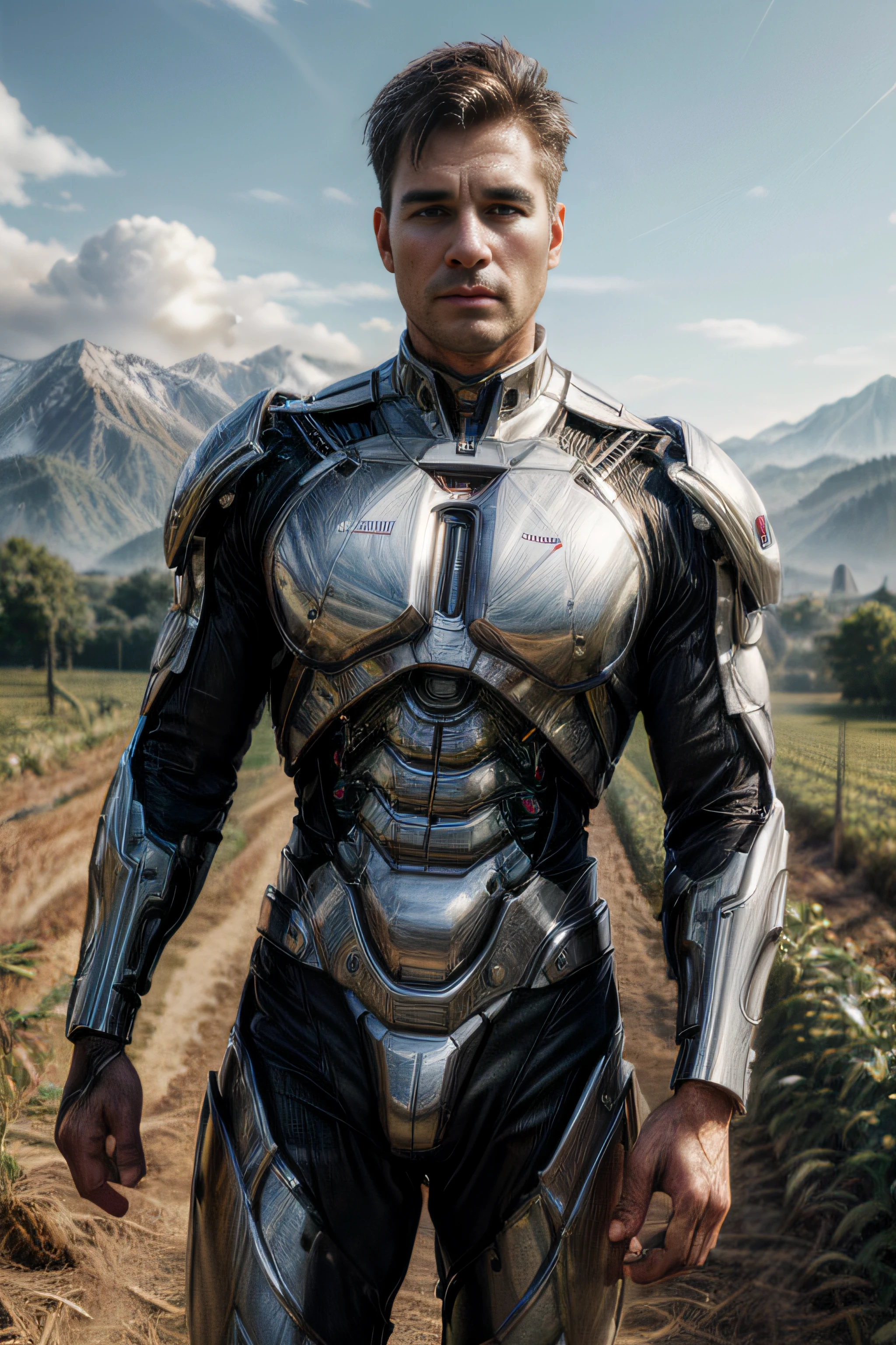 (best quality,4k,8k,highres,masterpiece:1.2),ultra-detailed,(realistic,photorealistic,photo-realistic:1.37), cyborg man standing in a farmland