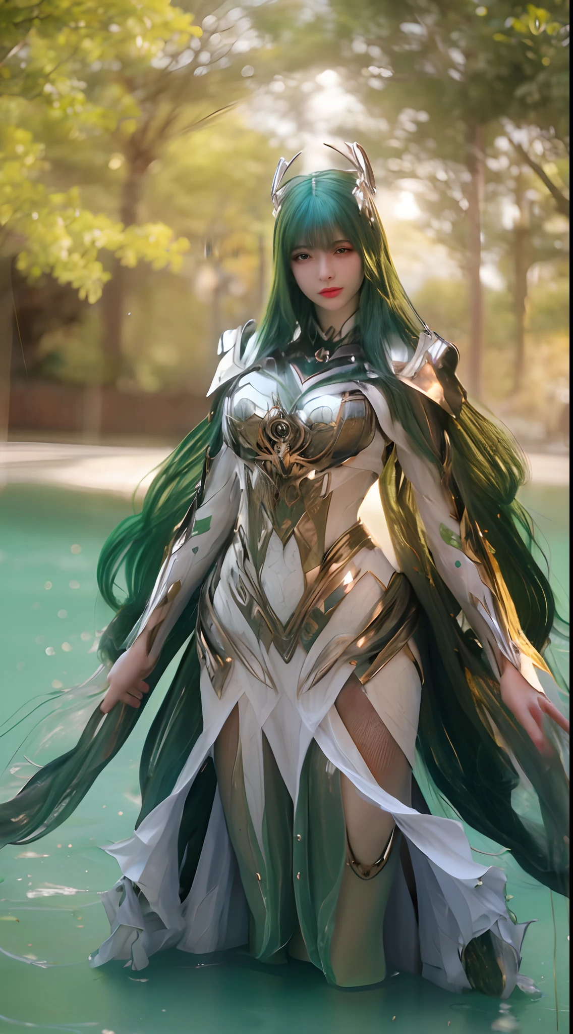 (A complex green-haired woman,Mecha joints and wing radiation, Quiet and dignified, Standing in the water), High-res, Ultra-detailed, Realistic, Vibrant colors, Bokeh, Studio lighting.
