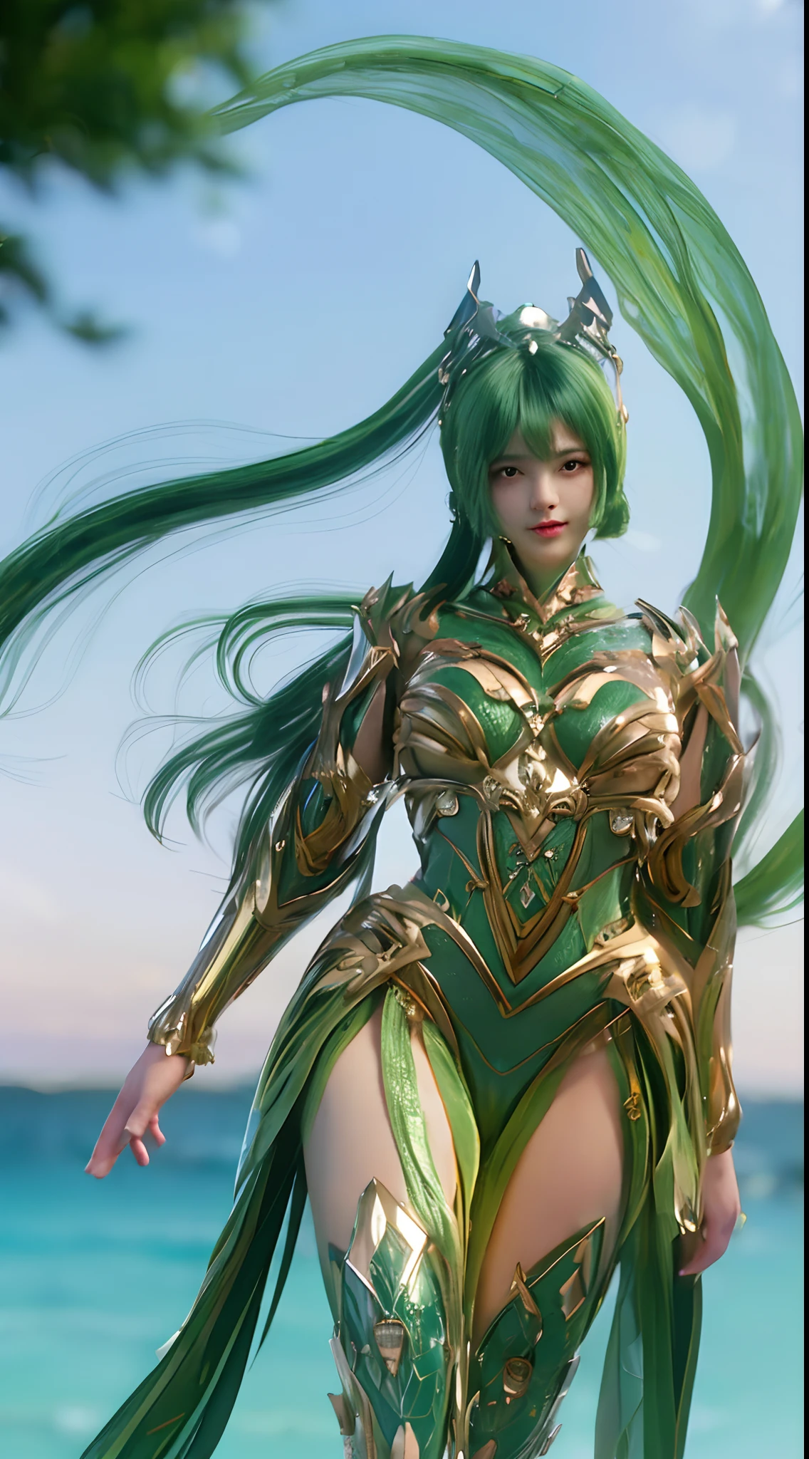 (A complex green-haired woman,Mecha joints and wing radiation, Quiet and dignified, Standing in the water), High-res, Ultra-detailed, Realistic, Vibrant colors, Bokeh, Studio lighting.