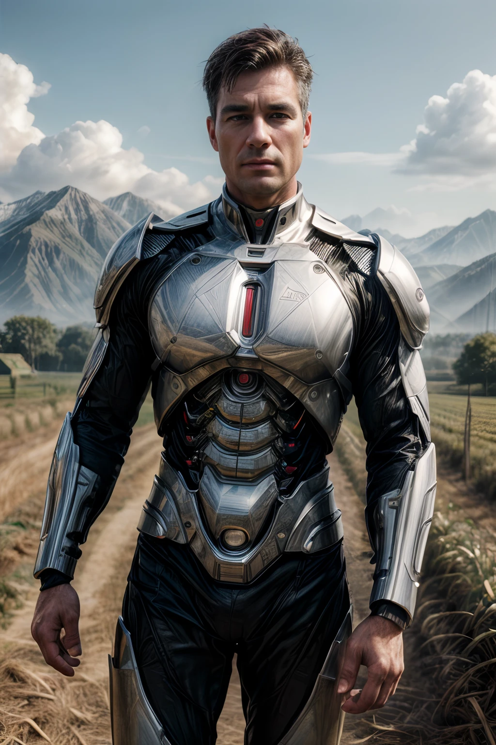 (best quality,4k,8k,highres,masterpiece:1.2),ultra-detailed,(realistic,photorealistic,photo-realistic:1.37), cyborg man standing in a farmland