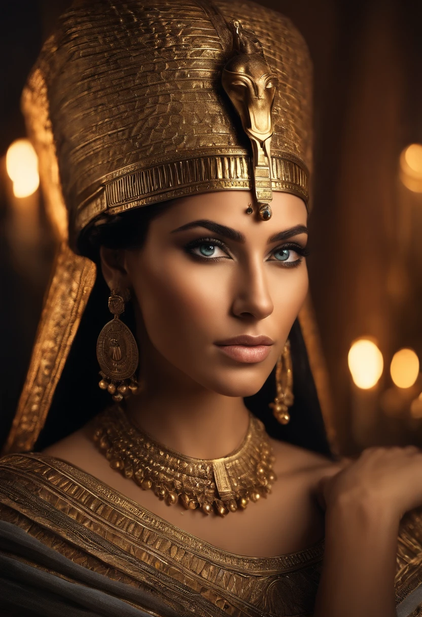 hyper-realistic beautiful portrait of Cleopatra, beautiful face, pretty eyes, camera facing, wearing egyptian crown, dramatic background, cinematic light