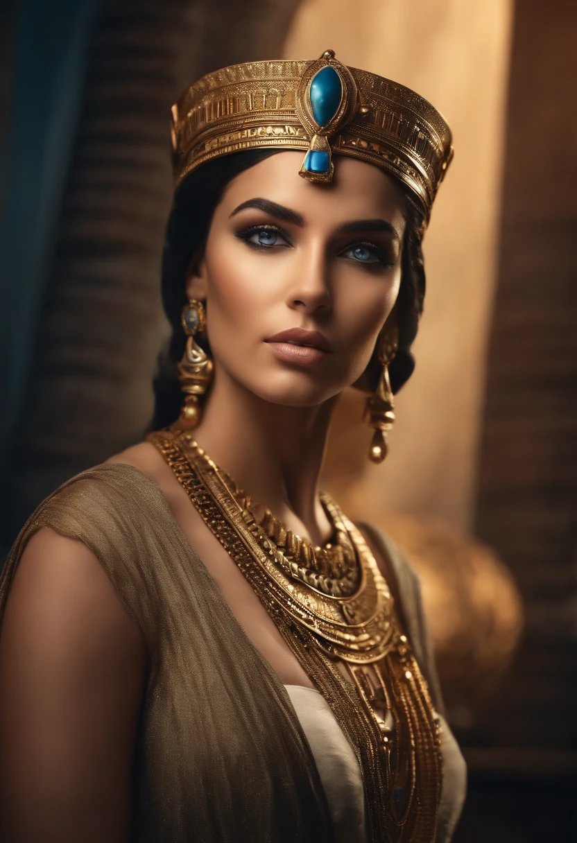 Close up shot , looking at viewer, Cleopatra queen 7 of Egypt in a ancient Egyptian palace, 15 BC, 30age old, (light brown hair, wince, half-closed Brown eyes, beautiful lip, serious), (Egyptian gold crown with
gold sneak , earrings, gold neckless), (big breasts, slender whist, wide hip) (light blue Egyptian clothes , White wear, skirt:1.5),holding one kingdom wand, sitting , gorgeous kingdom chair, noon, chair side, 1 male is standing , son of Cleopatra queen 7 ,(textured skin , HI detailed skin, foreshortening, Canon, 8k, anatomically correct, super detail, high details, highness)