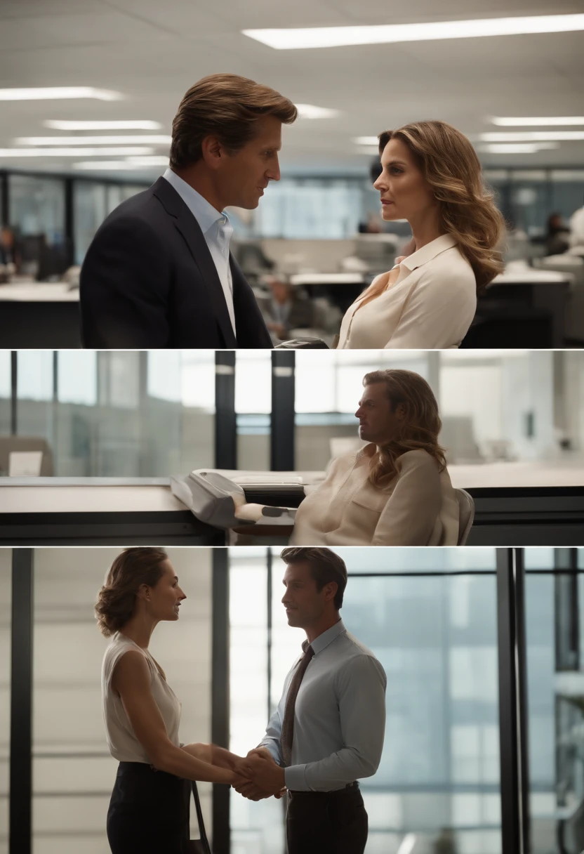 a man and a woman of 20 years if kissed in the office of the president of the company the home has brown eyes and wavy brown hair he is wearing a white shirt, a black pants a shoe of the same color as the pants the woman has wavy light brown hair she is wearing a light blue dress and a sandal of the ultra detailed beige color --auto --s2