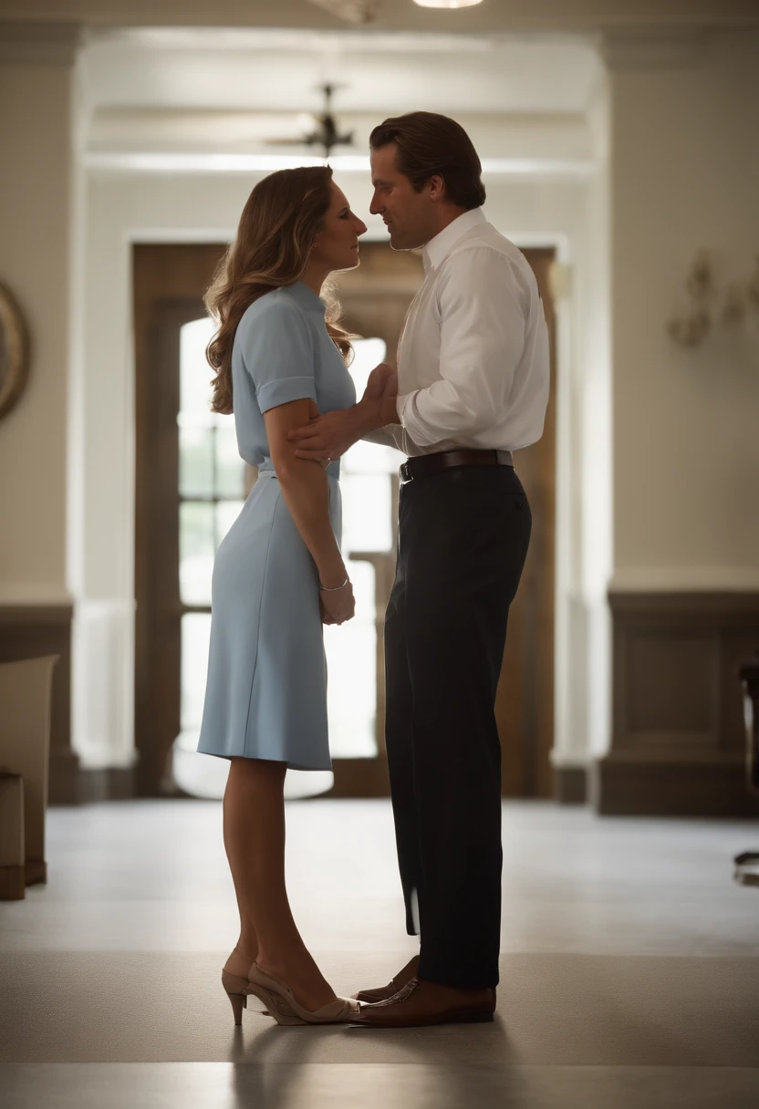 a man and a woman of 20 years if kissed in the office of the president of the company the home has brown eyes and wavy brown hair he is wearing a white shirt, a black pants a shoe of the same color as the pants the woman has wavy light brown hair she is wearing a light blue dress and a sandal of the ultra detailed beige color --auto --s2