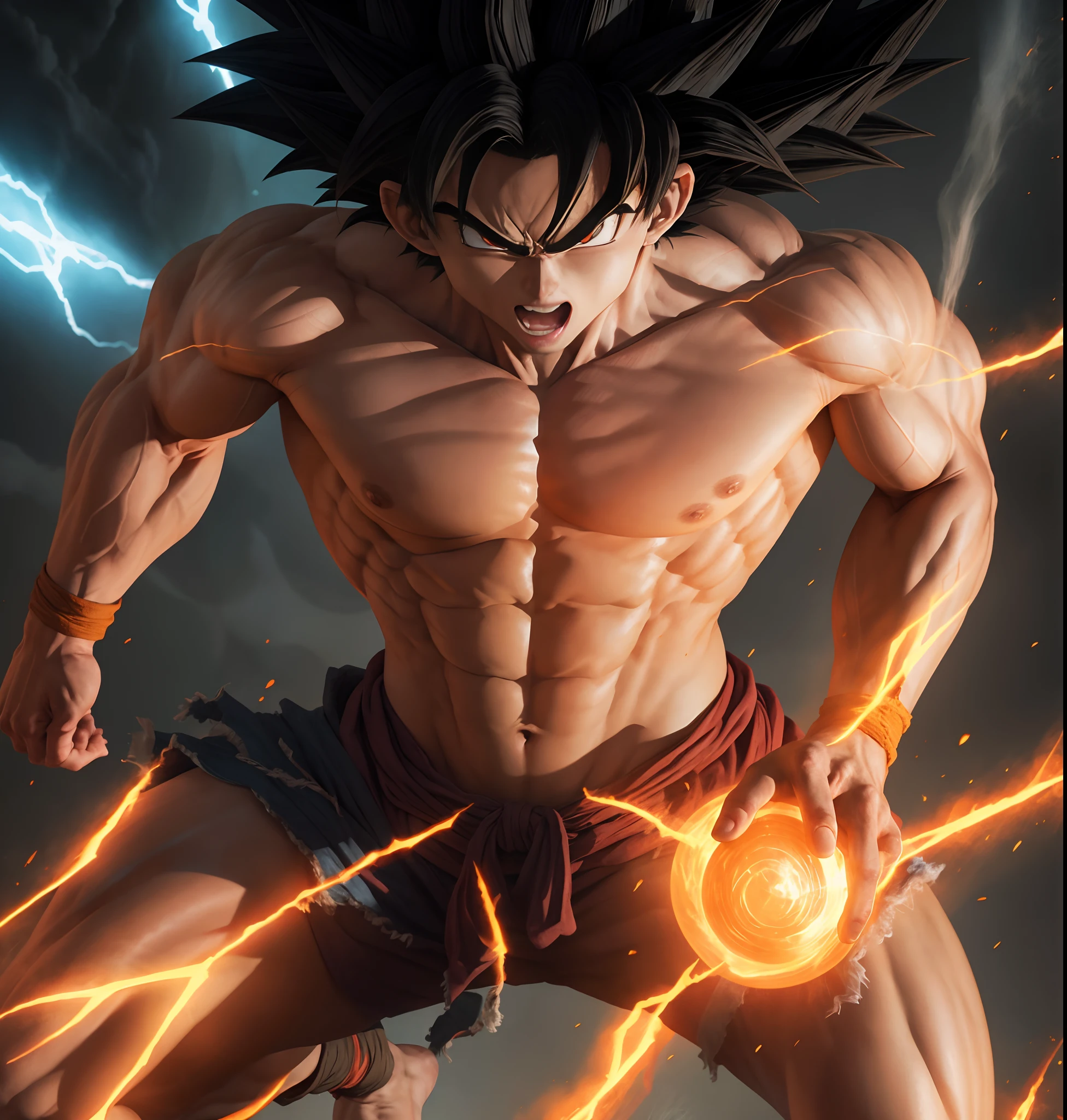 Son Goku with muscular biceps and pulsating veins, emanando uma aura poderosa e intensa