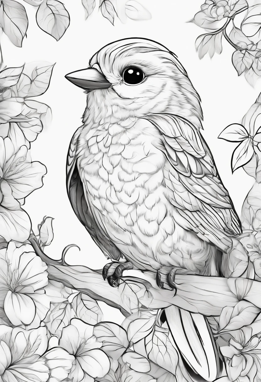 Generate black and white coloring pages of cute cartoon-style birds with low detail, no shading, no shadows, no background, and no borders.