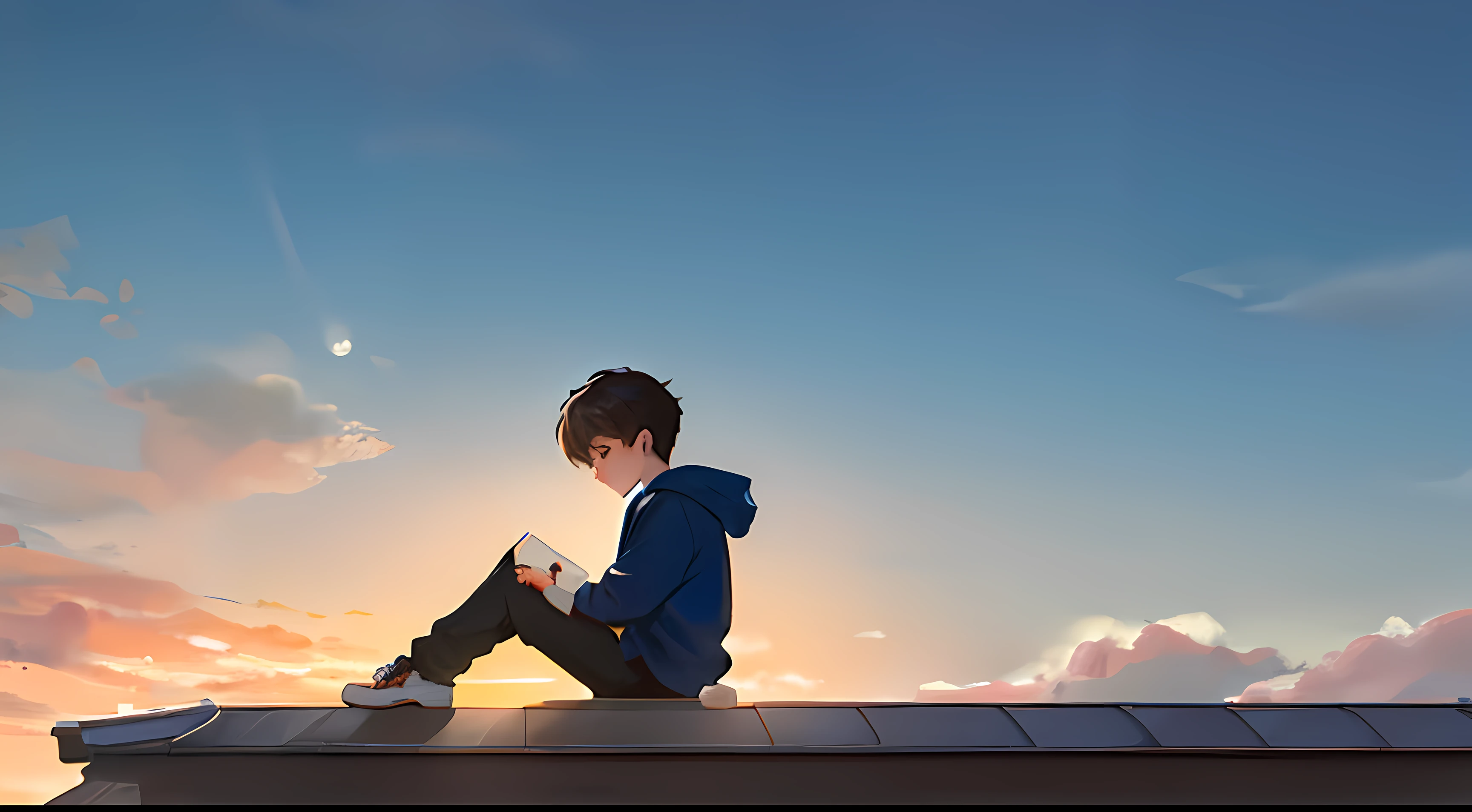 Handsome devil boy in sweatshirt（Cartoon feel）Sit on the roof，looking at the distance（themoon）（Clouds, Blue sky, Sunset）Grief and thinking about life（grieves）Depressed（There is a sense of picture）Good effect，Nice background and beautiful scenery，Pictures have colors（The little boy is the main thing，Put big and small boys）