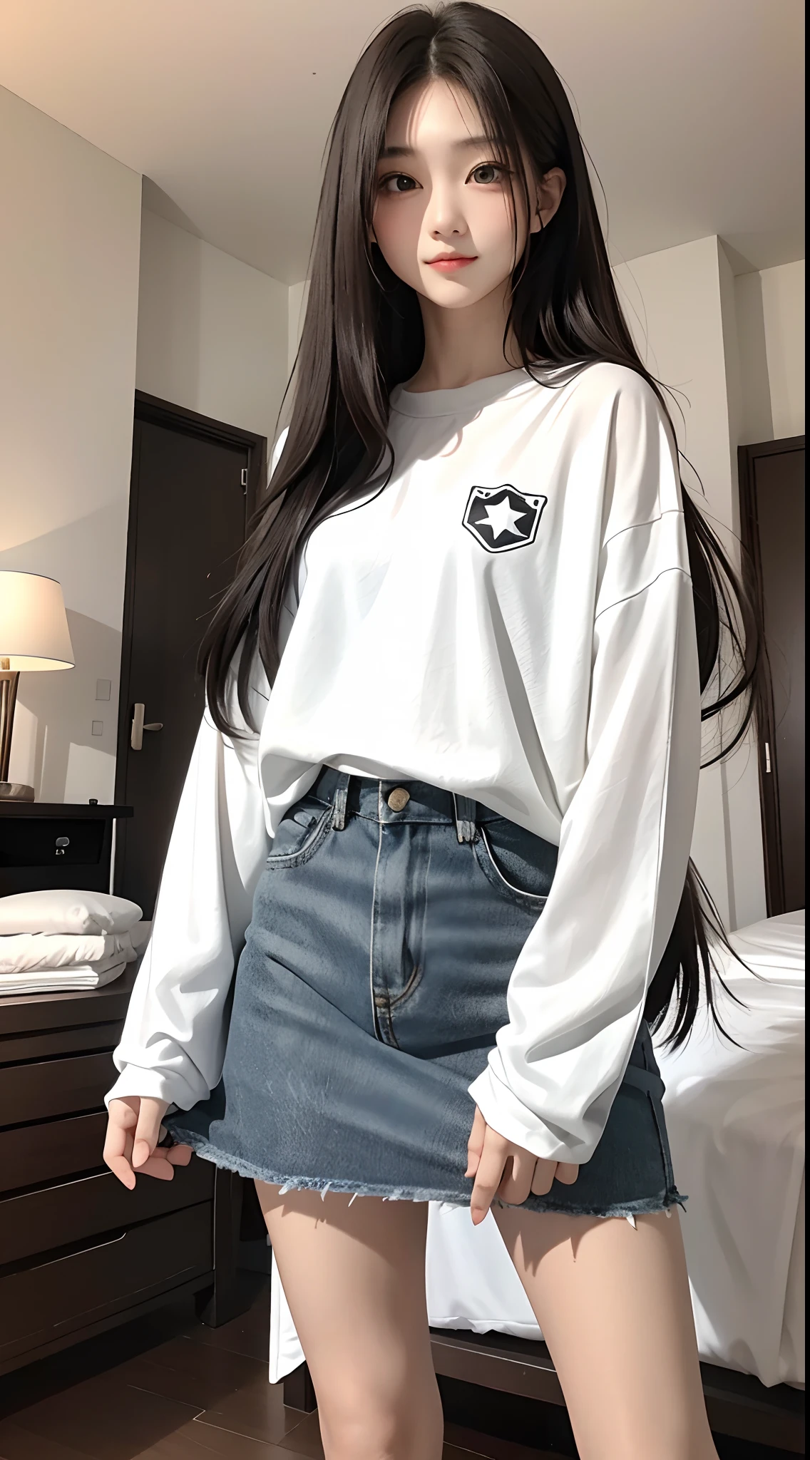 masterpiece、top-quality)、1 beutiful girl、A smile、Slim body、(Black and white plain clothes:1.1)、(Detailed beautiful eyes)、Bedroom、in a house、((Black long-haired))、a small face、tall、((Light brown eyes))、((Korean Girl))、((cool lady))、((cool expression))