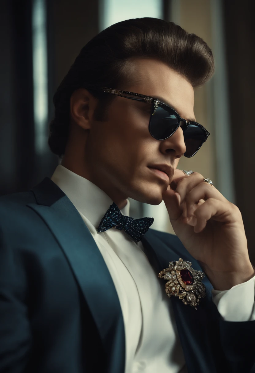 A man with a gun with black glasses. Wear a diamond necklace.