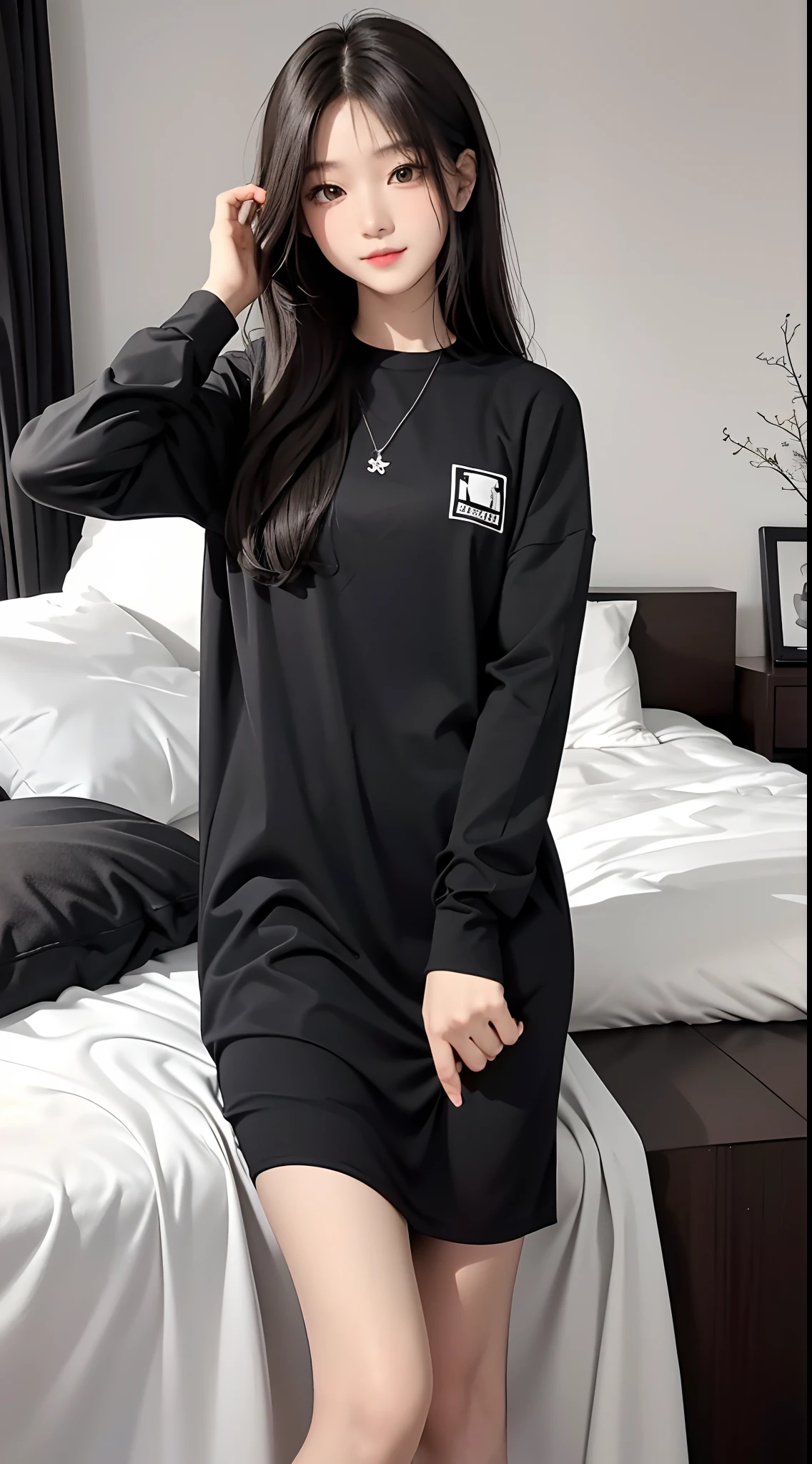 masterpiece、top-quality)、1 beutiful girl、A smile、Slim body、(Black and white plain clothes:1.1)、(Detailed beautiful eyes)、Bedroom、in a house、((Black long-haired))、a small face、tall、((Light brown eyes))、((Korean Girl))、((cool lady))、((cool expression))