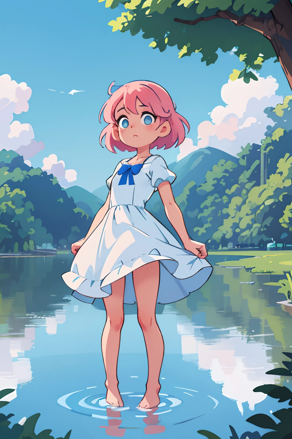 1 girl, White swimsuit with pink ruffle,  standing on her feet, on top of a tree stump, segurando uma carta, 4k, (alta qualidade), (alta resolução),