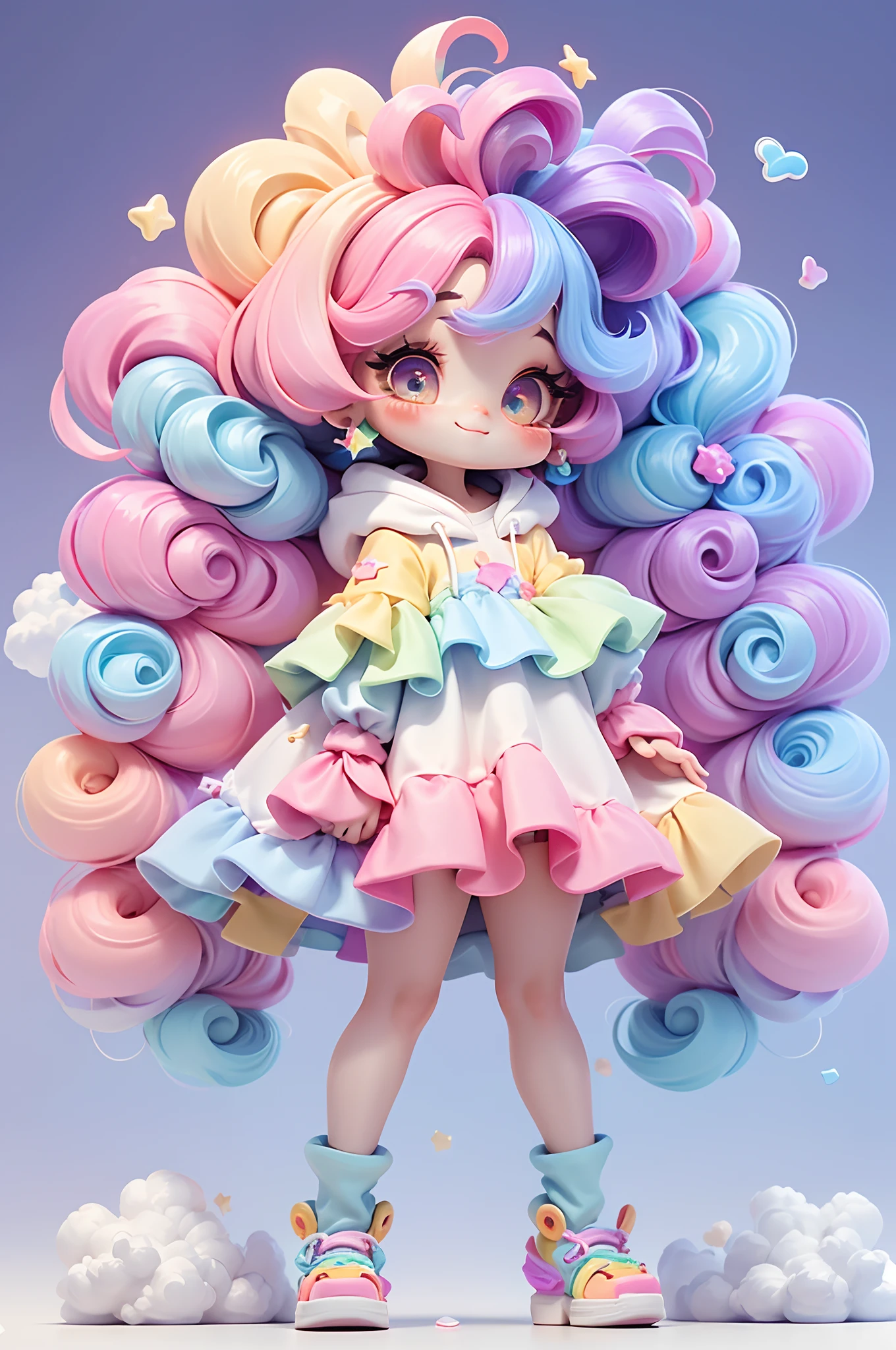 masterpiece, best quality, 8k, cinematic light, ultra high res, chibi, 1girl, child, rainbow hair, (rainbow in background:1.4), prismatic, hoodie, multicolored hair, long hair, solo, dress, clouds hair ornament, star \, (symbol\), gradient hair, artist name, gradient, smile, full body, gradient background, cute, kawaii,