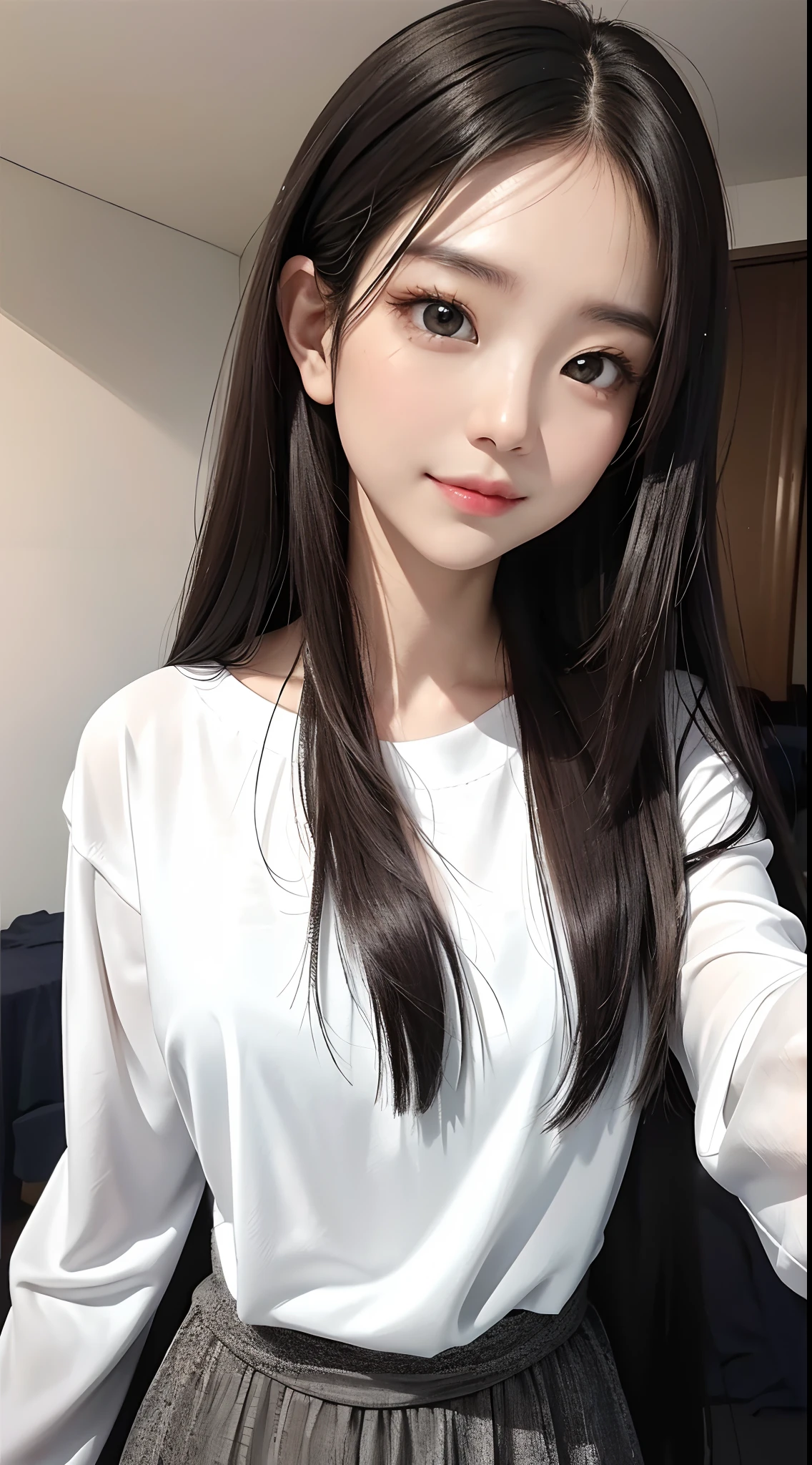 masterpiece、top-quality)、1 beutiful girl、A smile、Slim body、(Black and white plain clothes:1.1)、(Detailed beautiful eyes)、Bedroom、in a house、((Black long-haired))、a small face、tall、((Light brown eyes))、((Korean Girl))、((cool lady))、((cool expression))