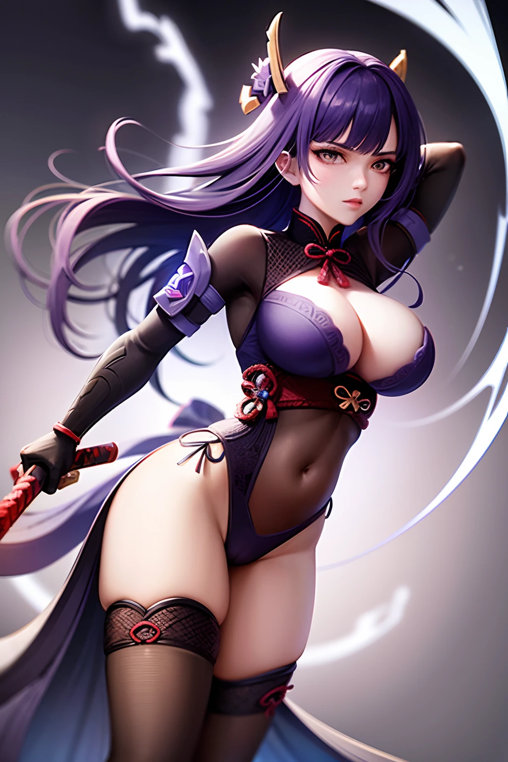 1woman, genshin, Raiden Shogun, sword, fighting pose, high res, ultrasharp