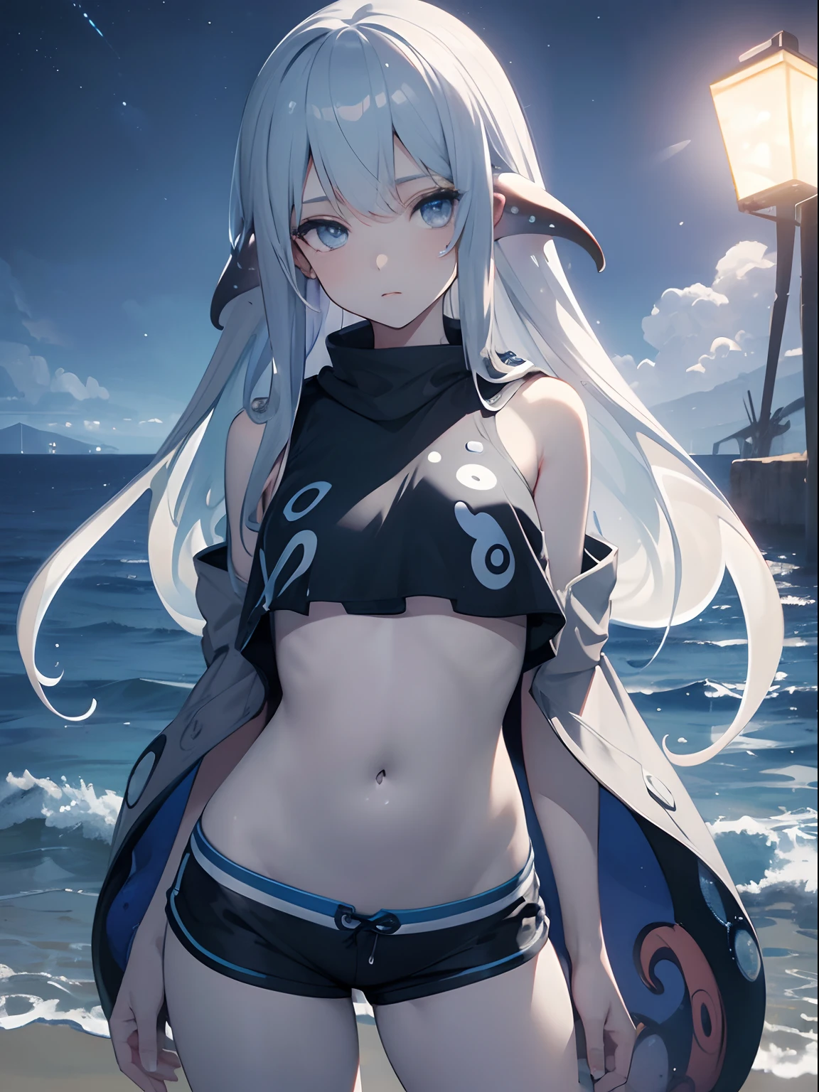 (Masterpiece, Best quality, ultra high resolution),1girl,beautiful and detailed face, detailed eyes,(squid girl, tentacles),(colored skin , grey skin), shorts,crop top,in the beach,night,((grey and blue theme))