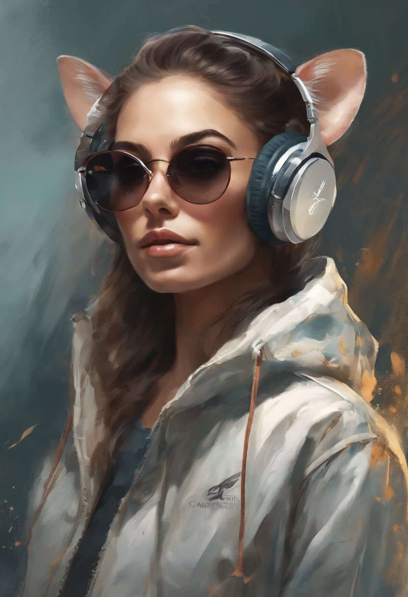 Perfect centering, Cute mouse, Wear a student team jacket, Wearing sunglasses, Wearing headphones, cheerfulness, Standing position, Abstract beauty, Centered, Looking at the camera, Facing the camera, nearing perfection, Dynamic, Highly detailed, smooth, Sharp focus, 8K, high definition resolution, illustration, Art by Carne Griffiths and Wadim Kashin, White background