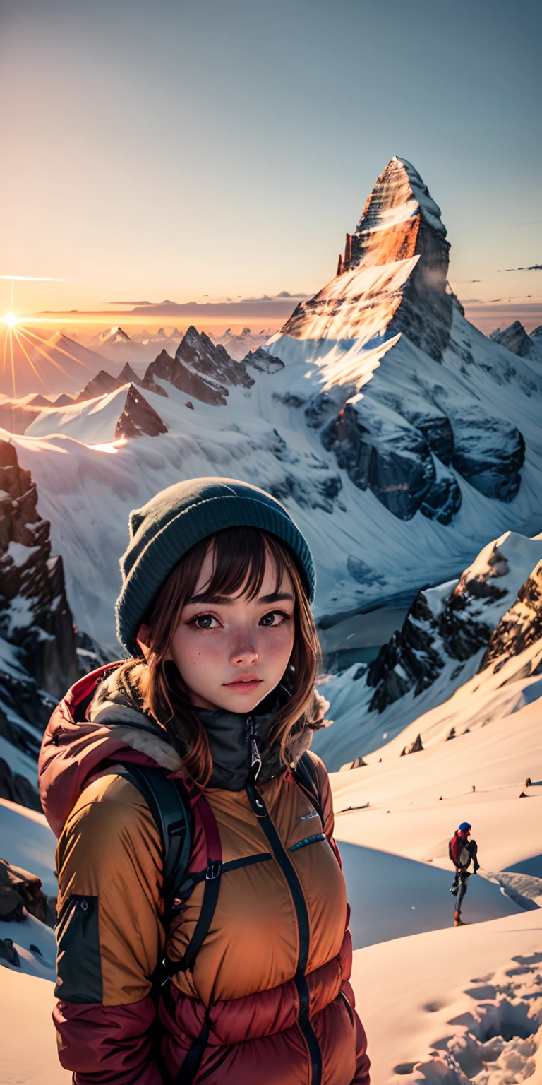 realisticlying、19 year old girl、Face to face with authentic outdoor mountaineering clothing、Gaze at the Matterhorn in the distance from the summit of a snowy mountain、Sunrise beautiful