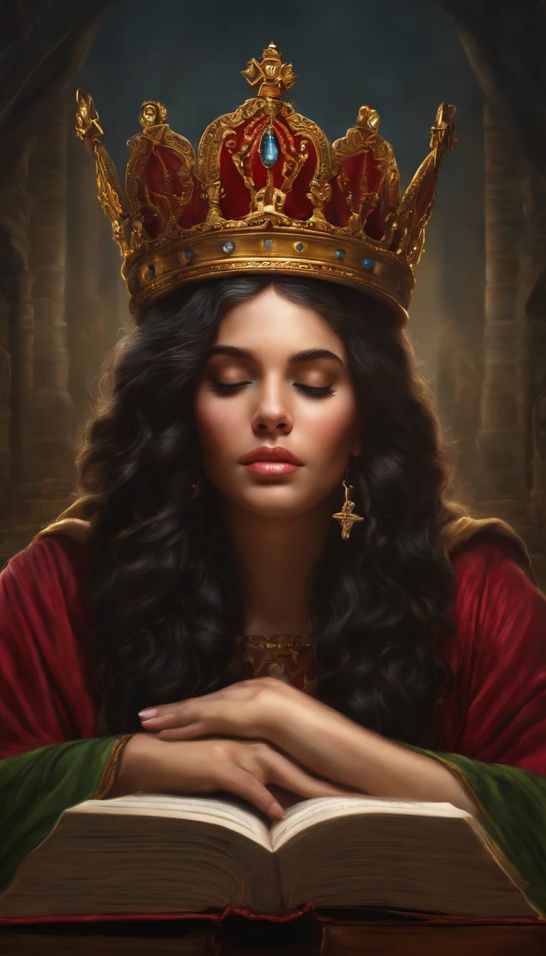 realistic illustration, Rei davi no trono pensando segurando a biblia, with crown on the head. Arte realista do Rei Davi lendo a biblia sentado no trono