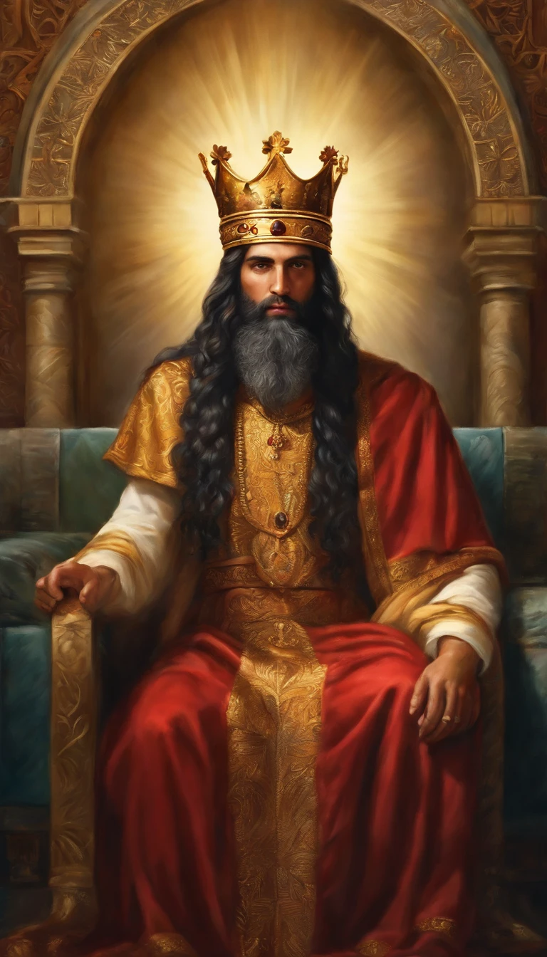 realistic illustration, Rei davi no trono pensando segurando a biblia, with crown on the head. Arte realista do Rei Davi lendo a biblia sentado no trono