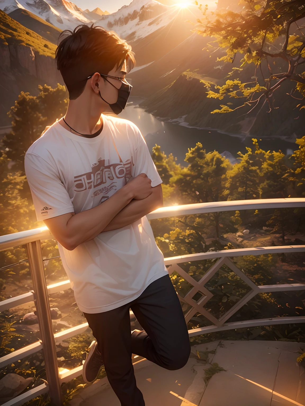 8k, AI, background chenge sun set, realistic face, ultra realistic, handsome 16 years old boy with a white shirt. Some trees and mountain on background also