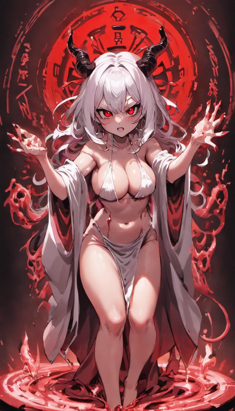 Blood red room, Flashing white TV screen, BUDDHA STATUE, cabelos preto e longos, with hair dishevelled, Cover one eye and face, Bright red eyes, Wearing a white transparent robe, Looming full breasts,liquor,Devil, reaching out her hands,Straighten your body, Red nails are exposed, Pinch the camera, hyper HD, Anatomically correct, Textured skin, Super detail, High details, High quality, A high resolution, 8K, hyper HD, Anatomically correct, Textured skin, Super detail, High details, High quality, Best quality, 8K,Leishnampo,Room 2,Horror