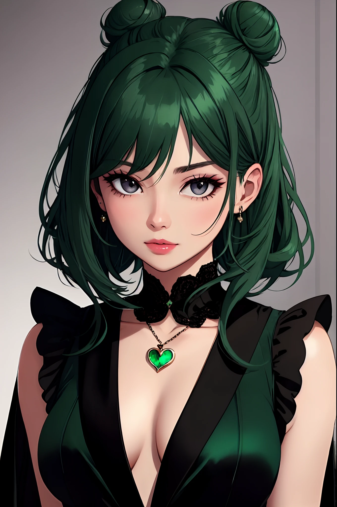 ultra realistis, Masterpiece, adult girl, Portrait, Athletic body, mysterious, Rich black eyes, Deep vision correction, eyebrow shine, lipgloss, narrow nose, Rich green hair, Heart-shaped bun, Perfect hair, Intricate emerald robe, Black outfits