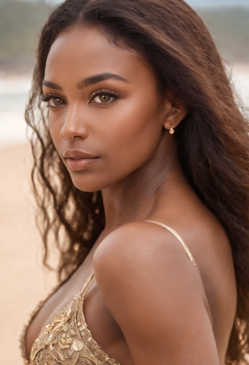 dark brown skin, beautiful face, afro hair, natural afro, long hair, african tribal theme, gold jewelry, ((crystal clear hazel eyes:1.2)), detailed eyes, beautiful eyes, ((masterpiece, UHD, 8K)), Depth of field, sand dunes, cleavage, large breasts, focus on eyes, breasts popping out, detailed skin, texture skin, sexy shoulders, golden brown tan, highly detailed skin, long eyelashes, black mascara, perfect face