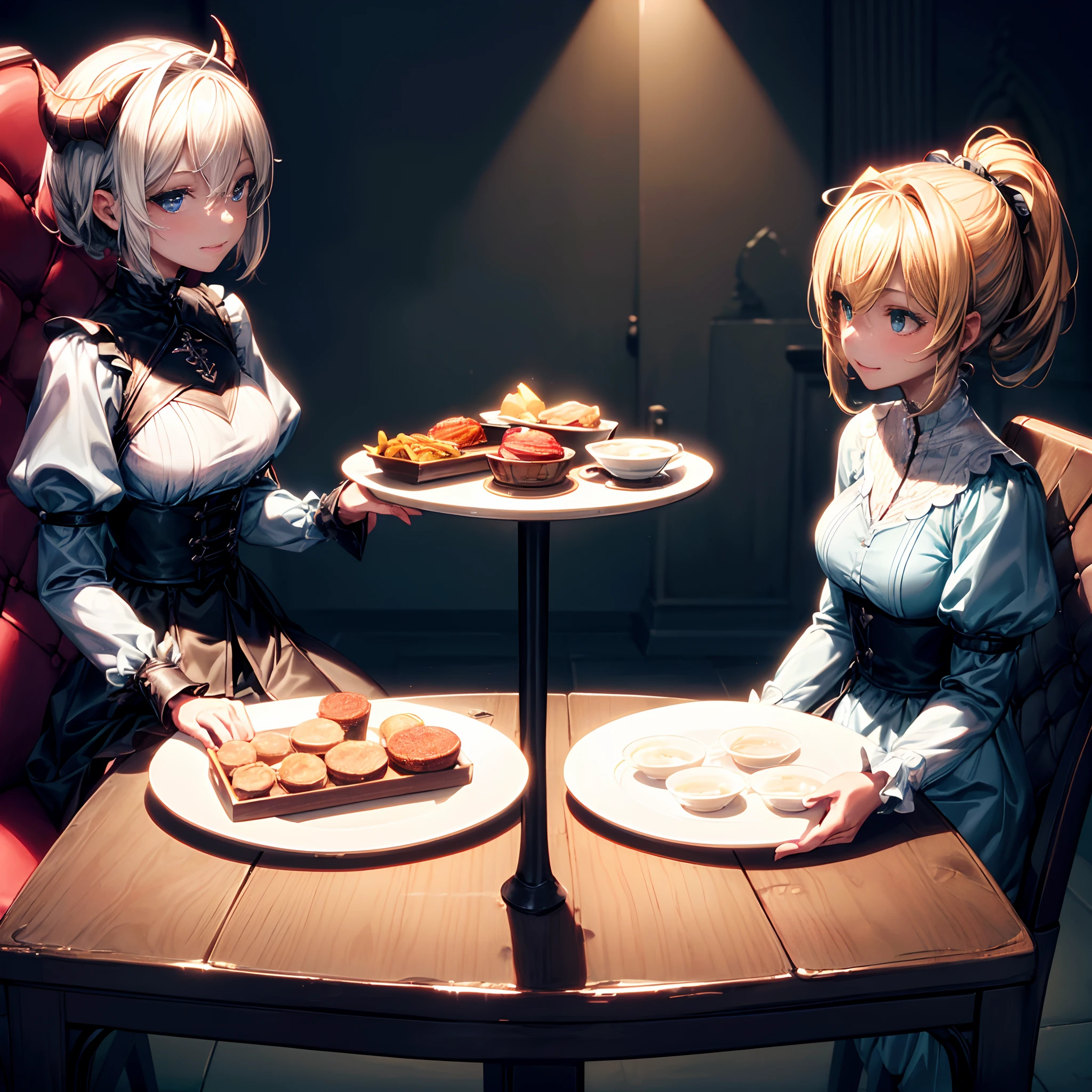hight resolution、super detailed skin、 (shinny skin:0.8)、(masterpiece、top-quality:1.4)、(Photorealsitic、Perfect Anatomy:1.4) (Two pretty girls:1.5)(The Demon Lord and the Knight:1.5)(a blond、A dark-haired、light skinned、Normal skin,:1.5)(Ultra-detailed facial features:1.5)(BREAK),(Chatting at the table:1.5),(2 teacups:1.5)chatting、threatening(Darkness Cafe:1.6)