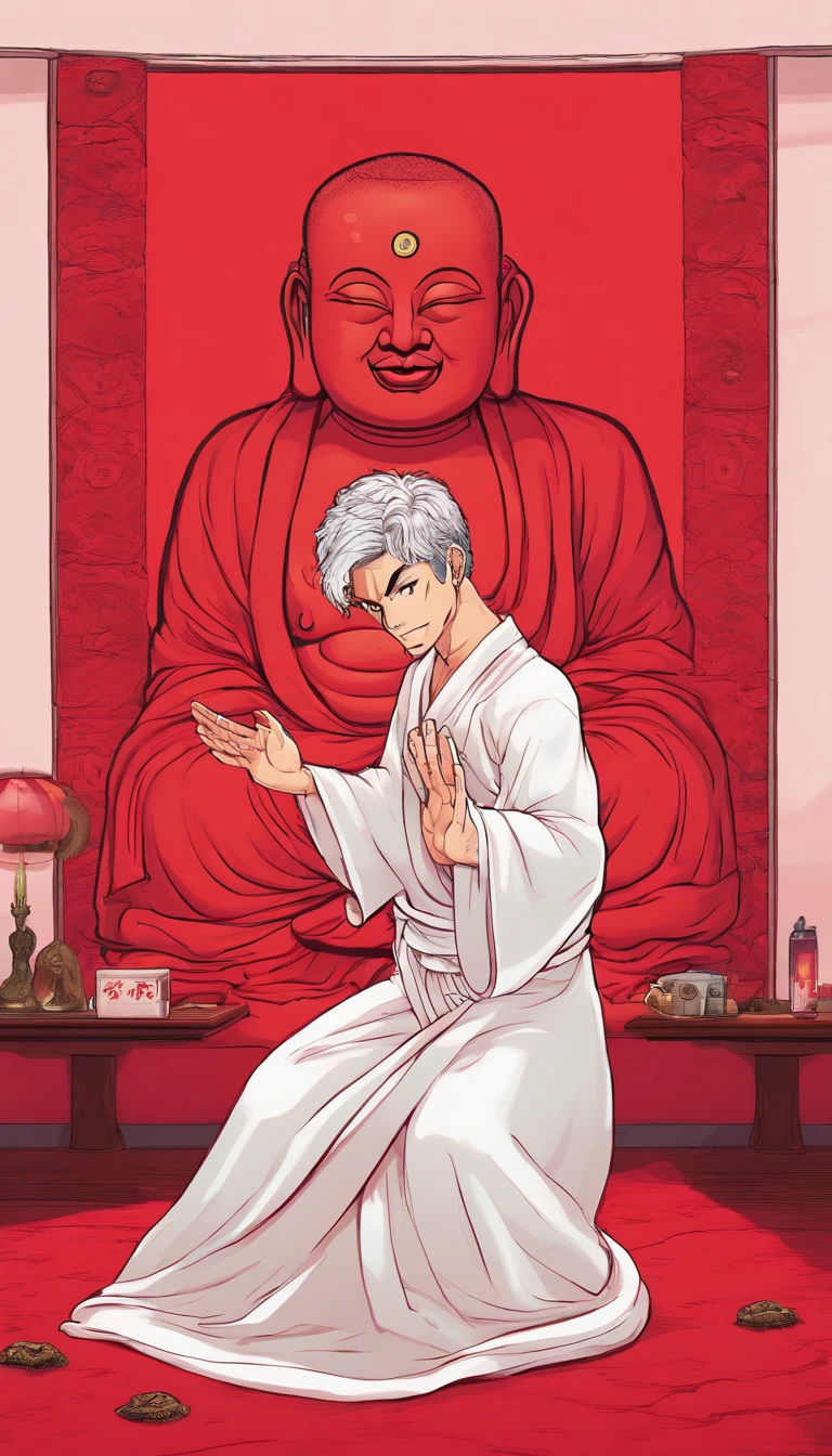 Blood red room, Flashing white TV screen, BUDDHA STATUE, cabelos preto e longos, with hair dishevelled, Cover one eye and face, Bright red eyes, Wearing a white transparent robe, Looming full breasts,liquor,Devil， reaching out her hands，Straighten your body, Red nails are exposed, Pinch the camera, hyper HD, Anatomically correct, Textured skin, Super detail, High details, High quality, A high resolution, 8K, hyper HD, Anatomically correct, Textured skin, Super detail, High details, High quality, Best quality, 8K,Leishnampo,Room 2,Horror