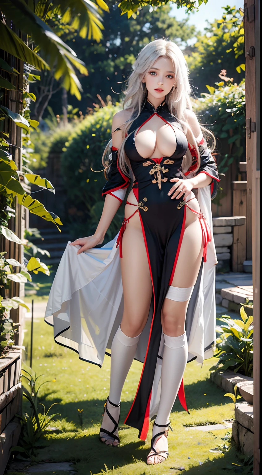 (best qualtiy,8K,32K,tmasterpiece,hyper HD:1.3),Hyper-detailing,best qualtiy,realisticlying,Elsahorsk's face,(Bigboobs:1.5),(big assa:1.4),bubble butt,perfect bodies,Ultra-detailed face,Detailed lips,Tight ass,tiny feet,light blue eyes,Blonde wavy hair,Redlip,seductive stare,Full body length shot of blonde Scandinavian goddess walking on grass,upper legs,(((Thigh-high dark gray wool socks))),((((Moderate white wool tunic)))),Volumetriclighting,Grass background,The whole body of the goddess, sitted, Cleavage is seductive, ssmile, ((Wear a palatial revealing dress,Inspired by Viking costumes)), sandals, Volumetriclighting, Viking background
