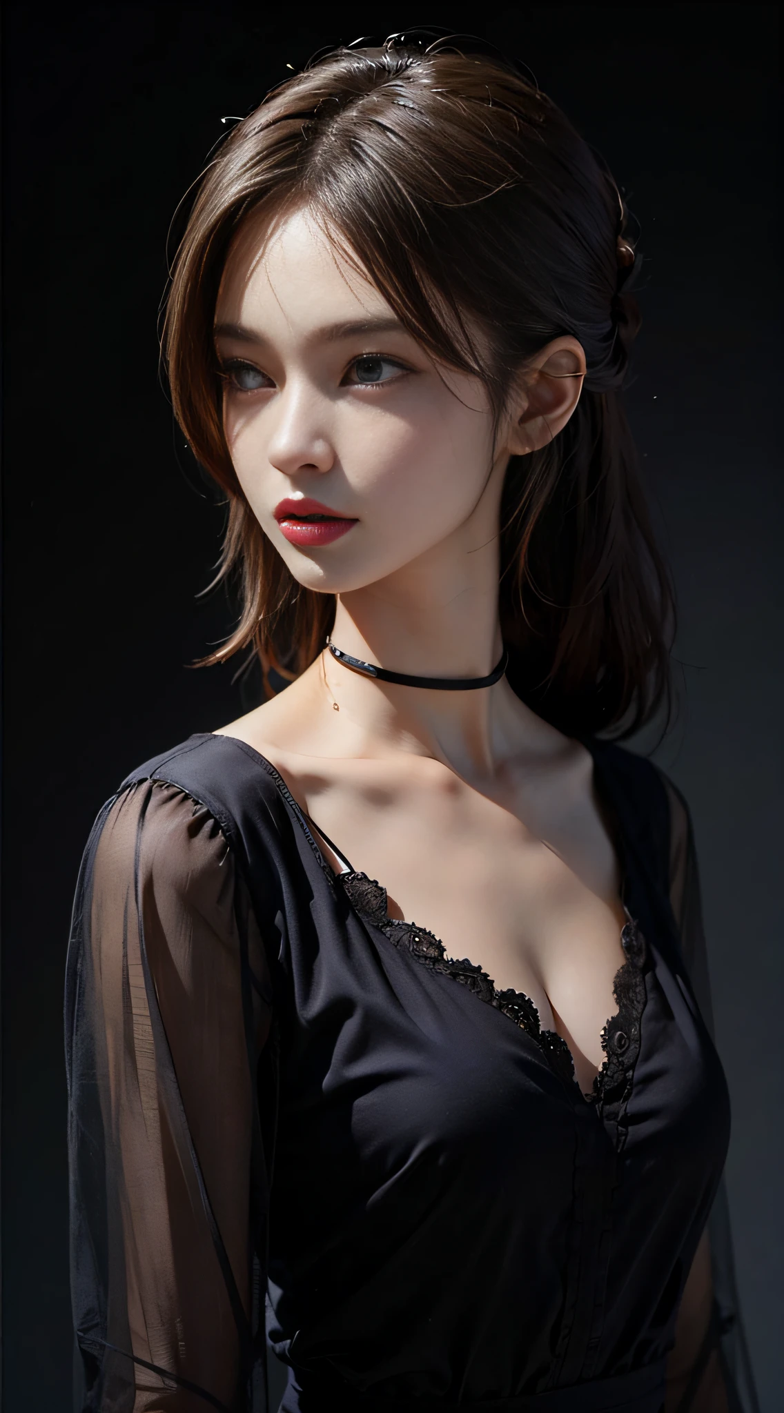 ((​masterpiece:1.4)、(top-quality:1.4)、(reallistic:1.7))、masuter piece:1.4、Portrait photo of a girl、Close-up photos、Upper body photography、beautiful countenance、defiance、dark backgrounds、Narrow waist、poneyTail、Raw photo、red-lips、a choker、a necklace、耳Nipple Ring、1 screen display、