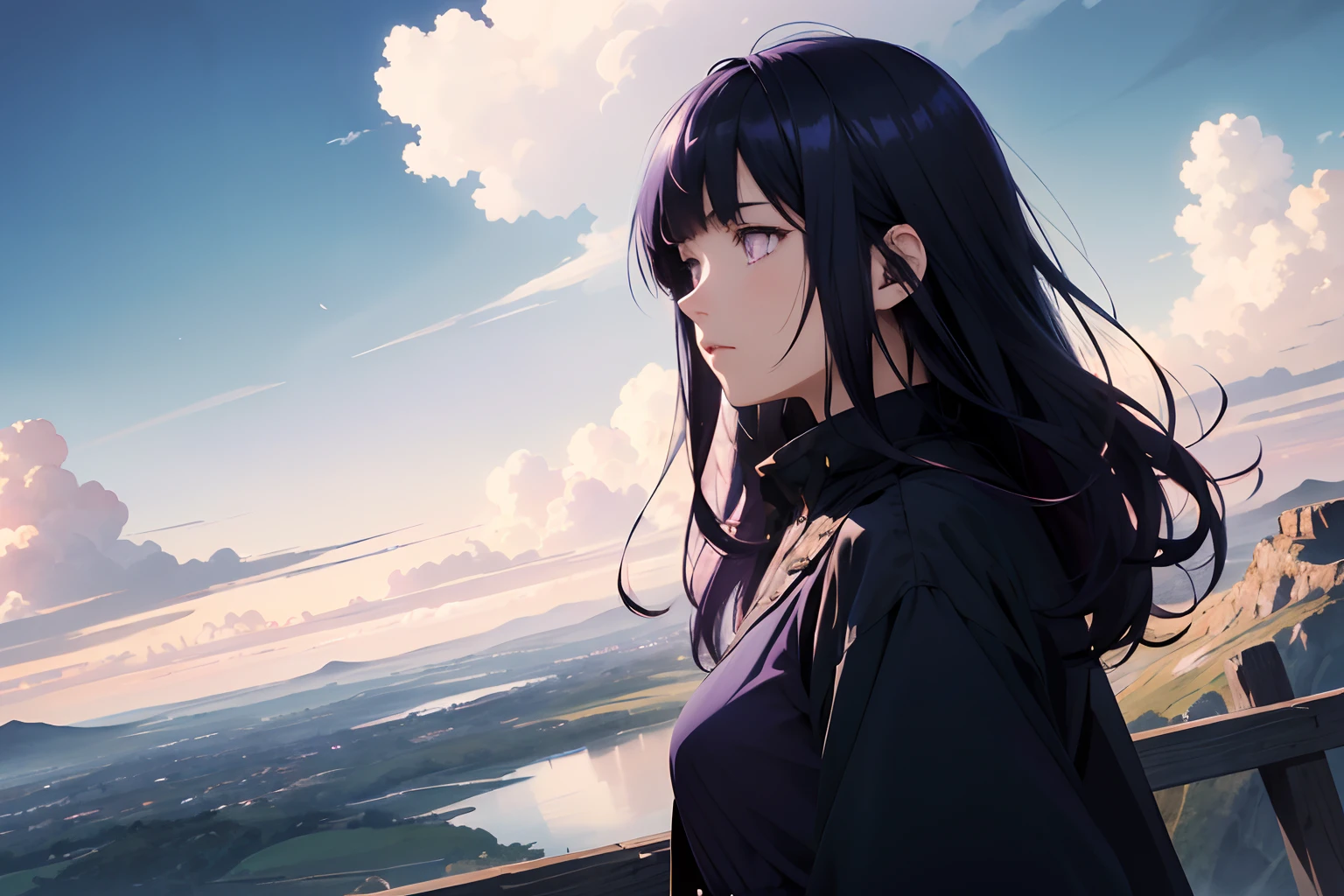 absurdres, highres, (official art, beautiful and aesthetic:1.2), close view,
shining sky, vast world, girl, gazing, awe-inspiring expression, distant horizon, clouds, high hill, natural beauty, inspiration, light effects,Blunt Bangs, purple eyes, long dark blue hair