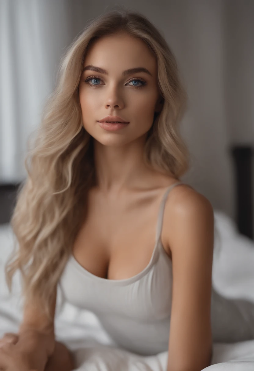 arafed woman fully , sexy girl with blue eyes, ultra realistic, meticulously detailed, portrait sophie mudd, blonde hair and large eyes, selfie of a young woman, bedroom eyes, violet myers, without makeup, natural makeup, looking directly at the camera, face with artgram, subtle makeup, stunning full body shot kneeling on bed, in bedroom with red lighting, medium to large size bust
