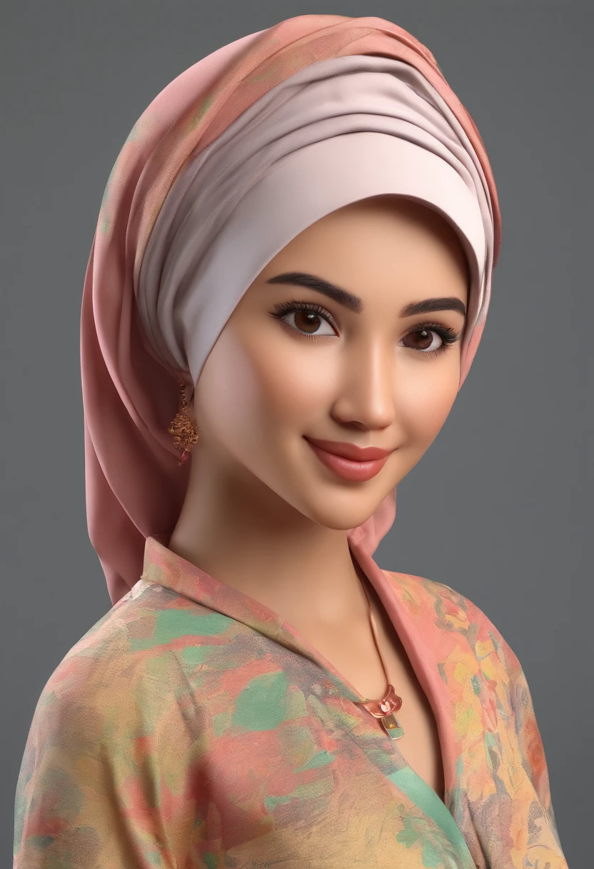 ultra detailed skin,ultra detailed face, portrait,3D caricature of a 25 year old Indonesian woman (athletic body, slim stomach, slightly plump, voluptuous) wearing a large hijab on her head, smiling happily while posing. She wore a pink long-sleeved t-shirt and black leggings, and white sneakers. Gray background
